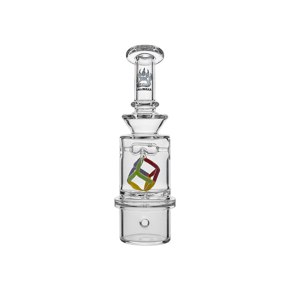 Calibear Spinning Cube Dry Top glass attachment for Dr. Dabber Switch 2 featuring a colorful internal spinning cube and clear borosilicate glass body.