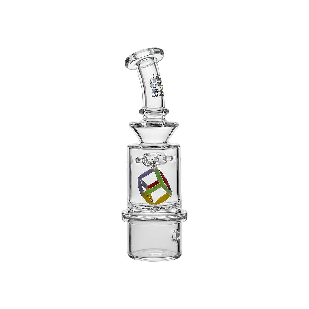 Calibear Spinning Cube Dry Top glass attachment for Dr. Dabber Switch 2 featuring a colorful internal spinning cube and clear borosilicate glass body.