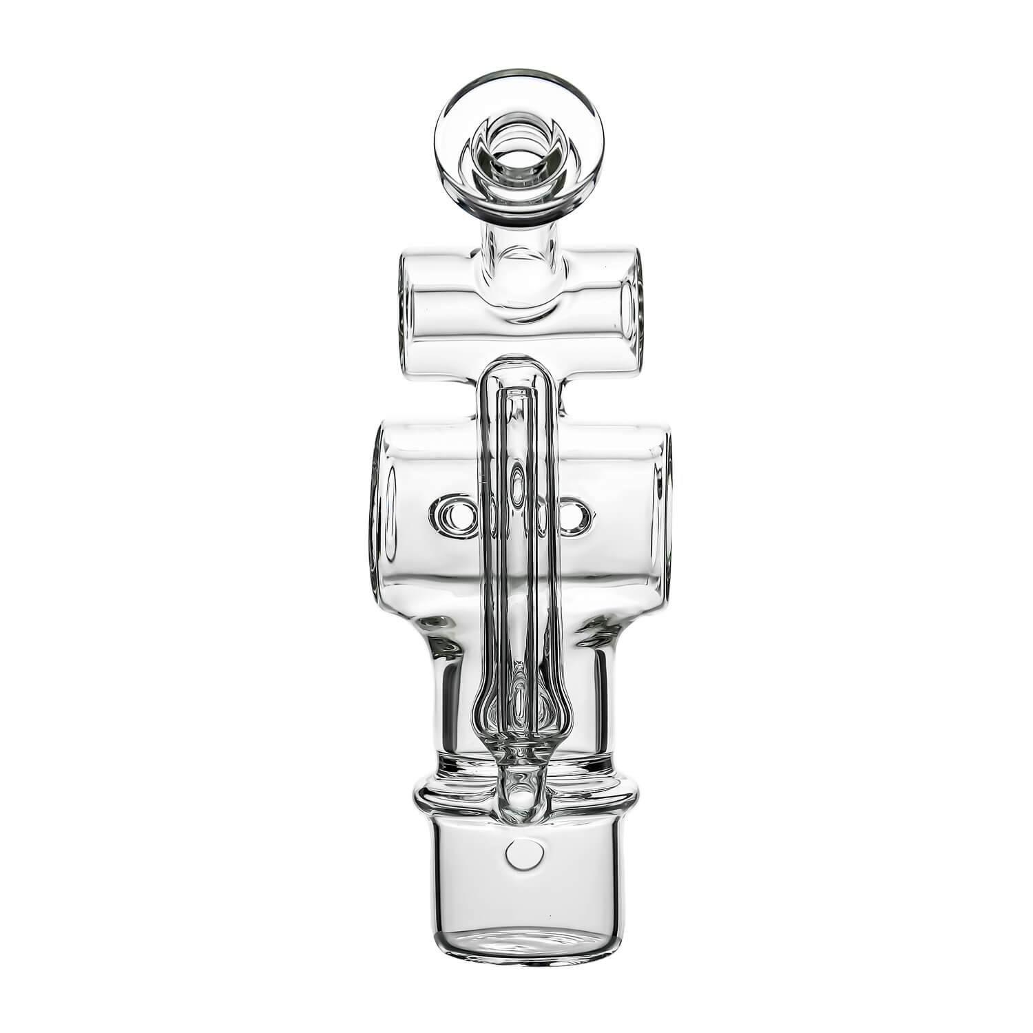 Calibear Swiss Barrel Glass Attachment for Dr. Dabber Switch 2 funcion video— featuring a compact clear borosilicate barrel-shaped body with Swiss-style circular percolator disc, dual side porthole windows, internal recycler loop, angled mouthpiece with disc cap, and precision-fit Switch 2 base adapter, displayed against white background.