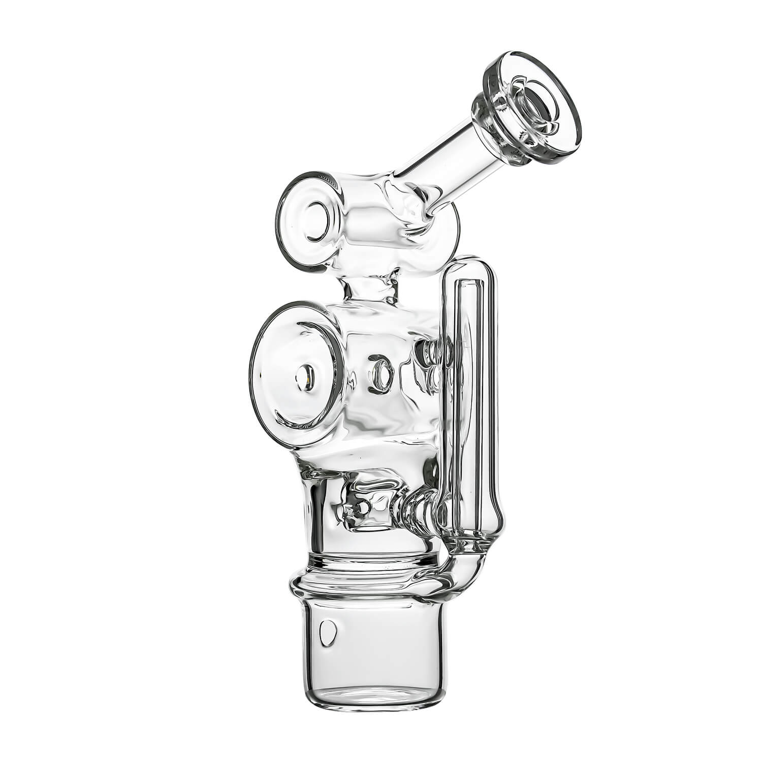 Calibear Swiss Barrel Glass Attachment for Dr. Dabber Switch 2 funcion video— featuring a compact clear borosilicate barrel-shaped body with Swiss-style circular percolator disc, dual side porthole windows, internal recycler loop, angled mouthpiece with disc cap, and precision-fit Switch 2 base adapter, displayed against white background.