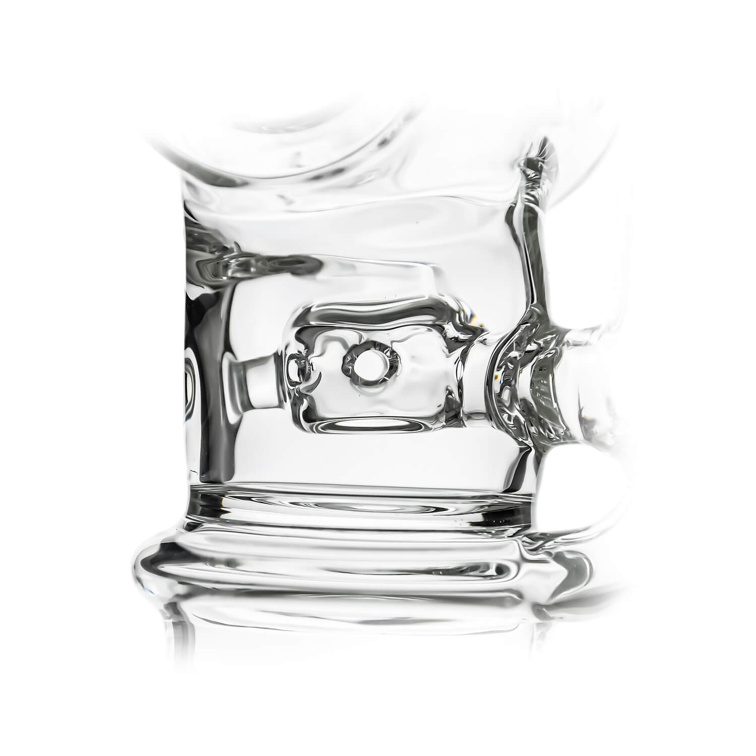 Calibear Swiss Barrel Glass Attachment for Dr. Dabber Switch 2 funcion video— featuring a compact clear borosilicate barrel-shaped body with Swiss-style circular percolator disc, dual side porthole windows, internal recycler loop, angled mouthpiece with disc cap, and precision-fit Switch 2 base adapter, displayed against white background.