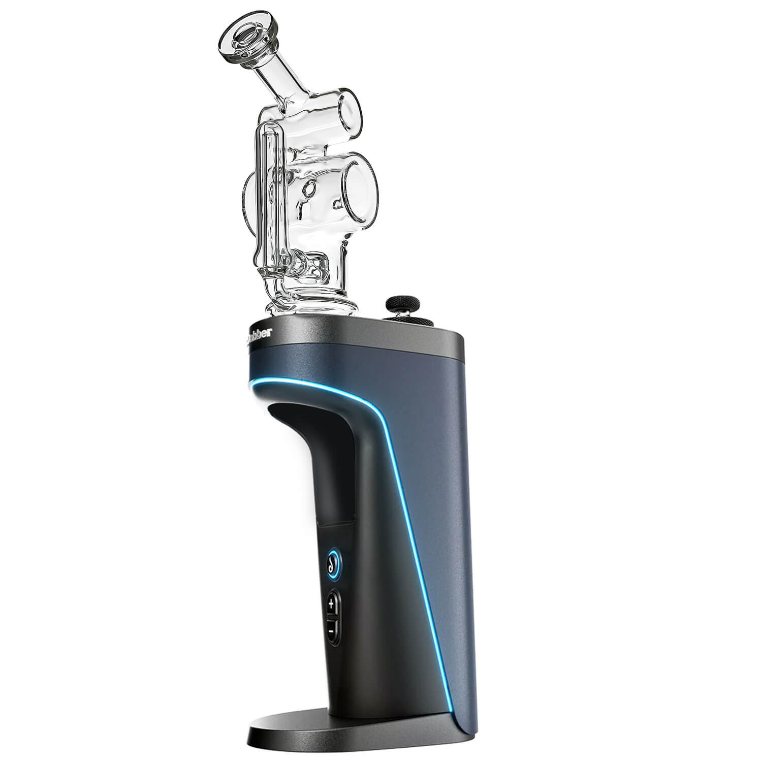 Calibear Swiss Barrel Glass Attachment for Dr. Dabber Switch 2 funcion video— featuring a compact clear borosilicate barrel-shaped body with Swiss-style circular percolator disc, dual side porthole windows, internal recycler loop, angled mouthpiece with disc cap, and precision-fit Switch 2 base adapter, displayed against white background.