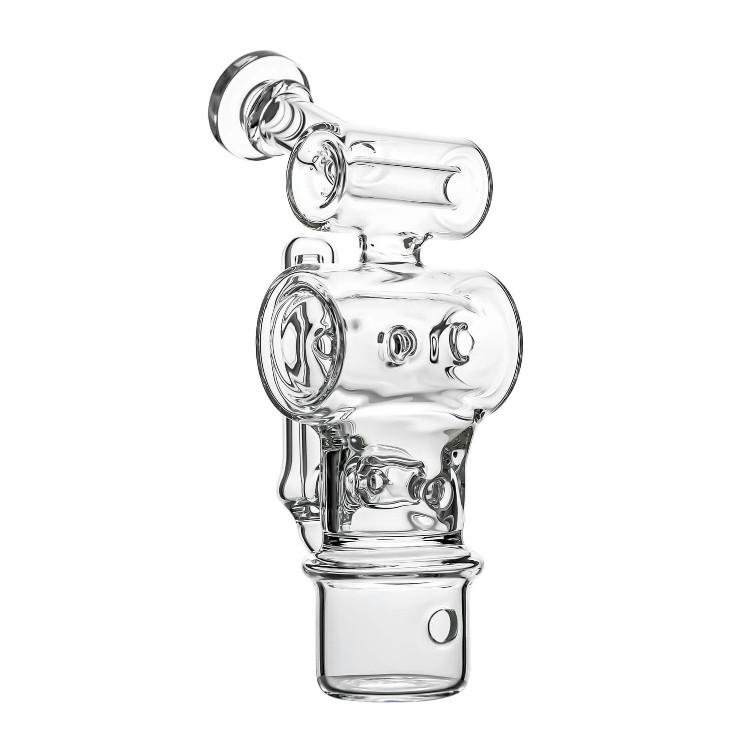 Calibear Swiss Barrel Glass Attachment for Dr. Dabber Switch 2 funcion video— featuring a compact clear borosilicate barrel-shaped body with Swiss-style circular percolator disc, dual side porthole windows, internal recycler loop, angled mouthpiece with disc cap, and precision-fit Switch 2 base adapter, displayed against white background.