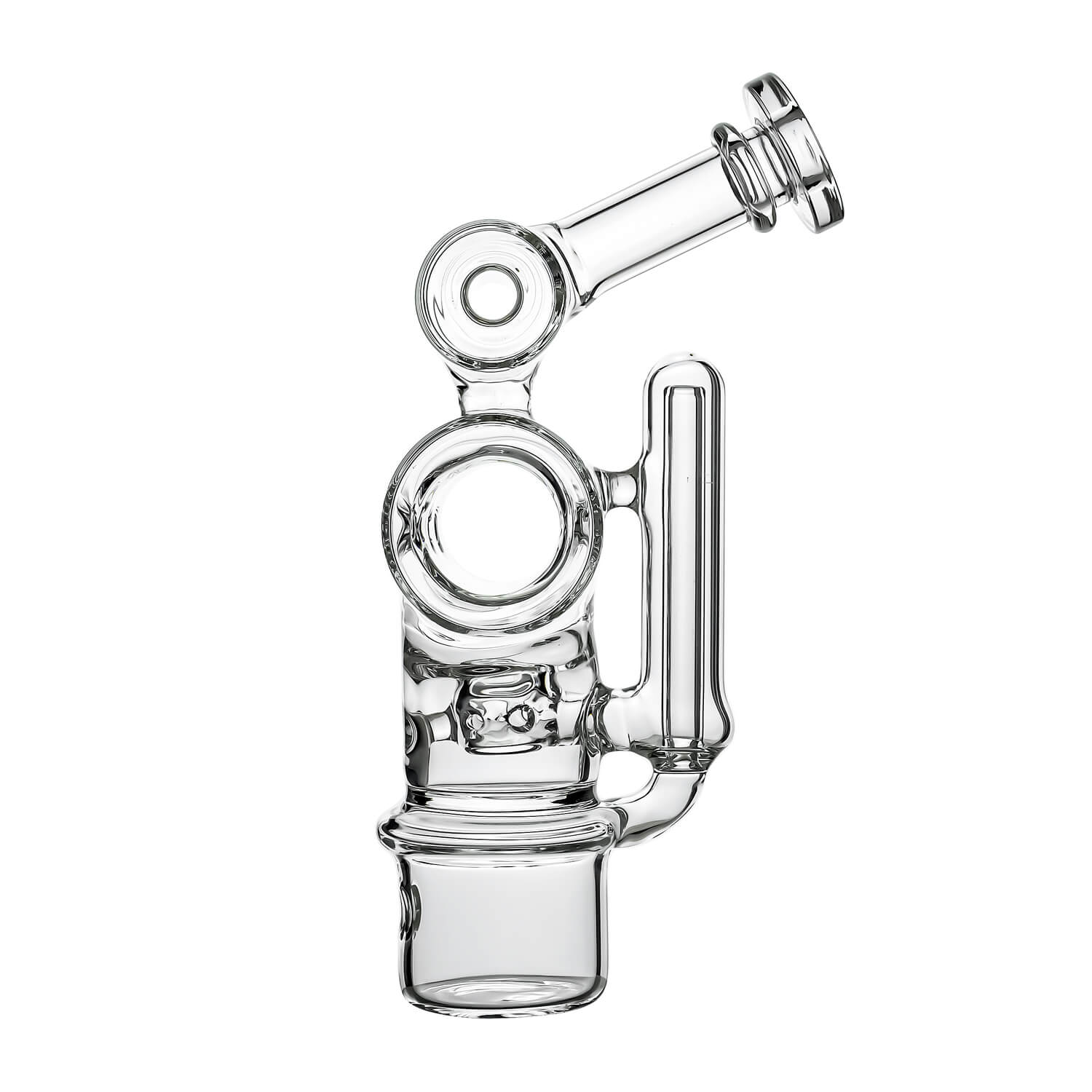 Calibear Swiss Barrel Glass Attachment for Dr. Dabber Switch 2 funcion video— featuring a compact clear borosilicate barrel-shaped body with Swiss-style circular percolator disc, dual side porthole windows, internal recycler loop, angled mouthpiece with disc cap, and precision-fit Switch 2 base adapter, displayed against white background.