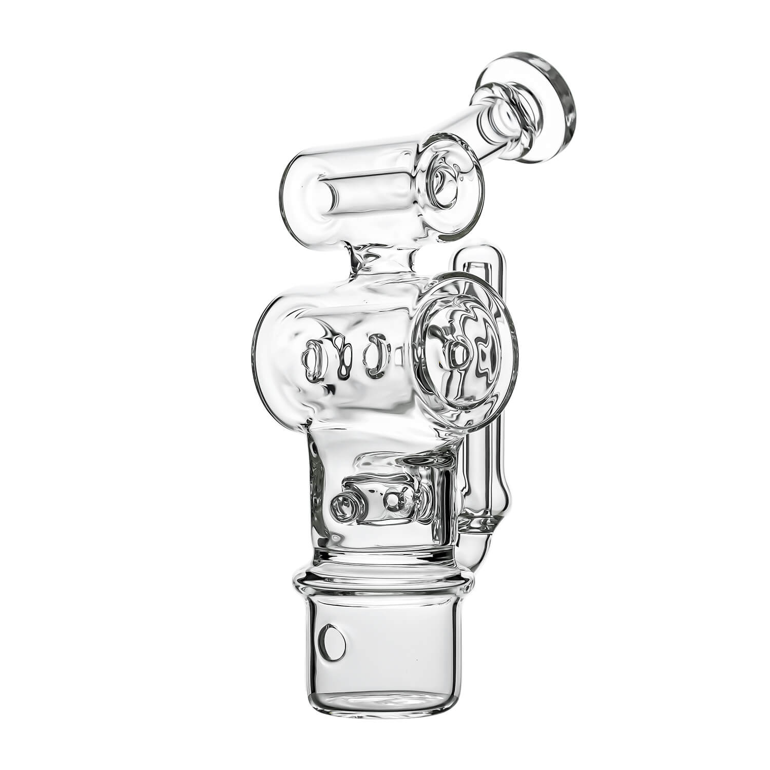 Calibear Swiss Barrel Glass Attachment for Dr. Dabber Switch 2 funcion video— featuring a compact clear borosilicate barrel-shaped body with Swiss-style circular percolator disc, dual side porthole windows, internal recycler loop, angled mouthpiece with disc cap, and precision-fit Switch 2 base adapter, displayed against white background.