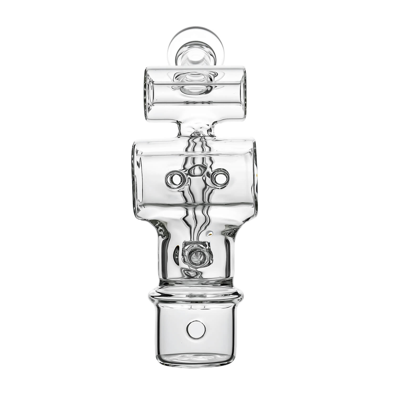Calibear Swiss Barrel Glass Attachment for Dr. Dabber Switch 2 funcion video— featuring a compact clear borosilicate barrel-shaped body with Swiss-style circular percolator disc, dual side porthole windows, internal recycler loop, angled mouthpiece with disc cap, and precision-fit Switch 2 base adapter, displayed against white background.