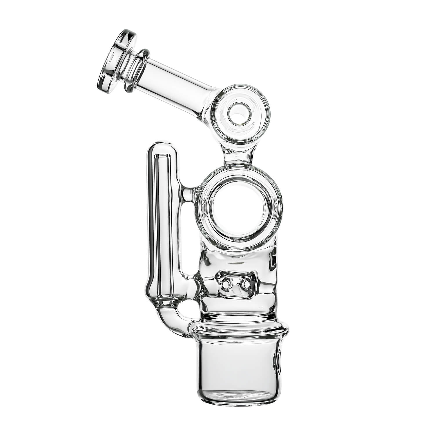 Calibear Swiss Barrel Glass Attachment for Dr. Dabber Switch 2 funcion video— featuring a compact clear borosilicate barrel-shaped body with Swiss-style circular percolator disc, dual side porthole windows, internal recycler loop, angled mouthpiece with disc cap, and precision-fit Switch 2 base adapter, displayed against white background.