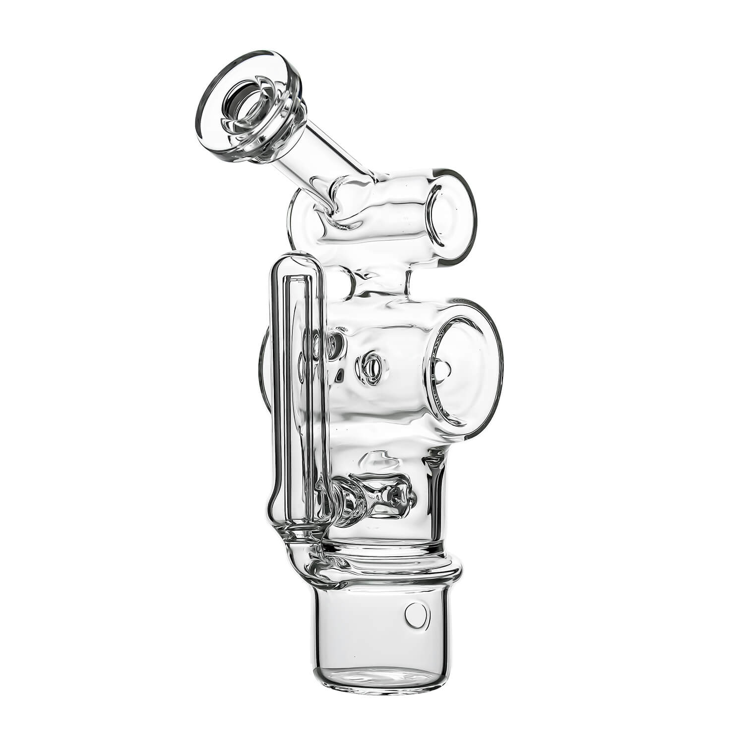 Calibear Swiss Barrel Glass Attachment for Dr. Dabber Switch 2 funcion video— featuring a compact clear borosilicate barrel-shaped body with Swiss-style circular percolator disc, dual side porthole windows, internal recycler loop, angled mouthpiece with disc cap, and precision-fit Switch 2 base adapter, displayed against white background.