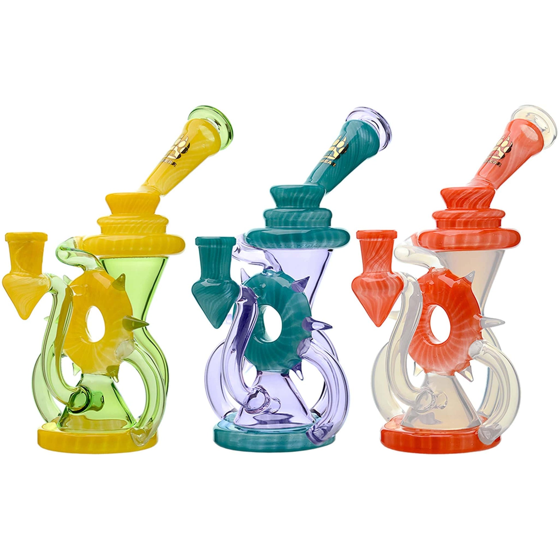 CALIBEAR SWISS INCYCLER WITH QUAD UPTAKE- Premium borosilicate glass dab rig from Calibear Glass. Ideal for dabbing, providing smooth hits and durability. Shop high-quality dab rigs, water pipes, bongs, erig glasses and glass smoking accessories at Calibe