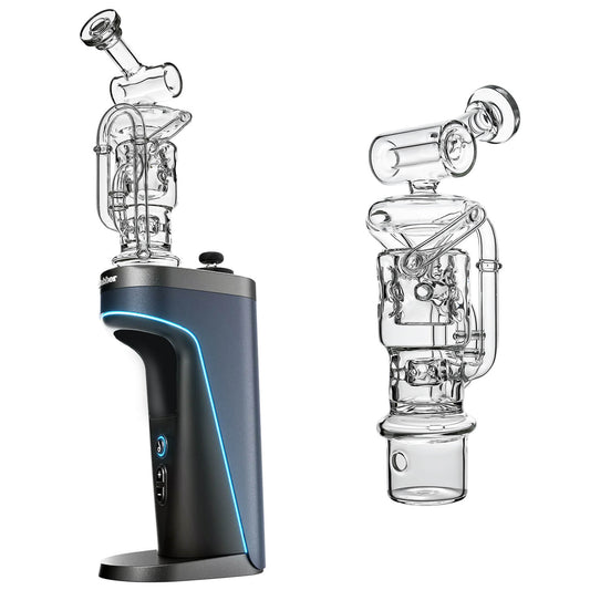 Calibear Swiss Straight Fab Recycler Glass Attachment for Dr. Dabber Switch 2 shown mounted on device and standalone — featuring a clear borosilicate dual-chamber body with Swiss-style cage percolator, internal recycler loop pathways, decorative Calibear bear embossment, angled mouthpiece with disc cap, and precision-fit Switch 2 base adapter, displayed against white background.