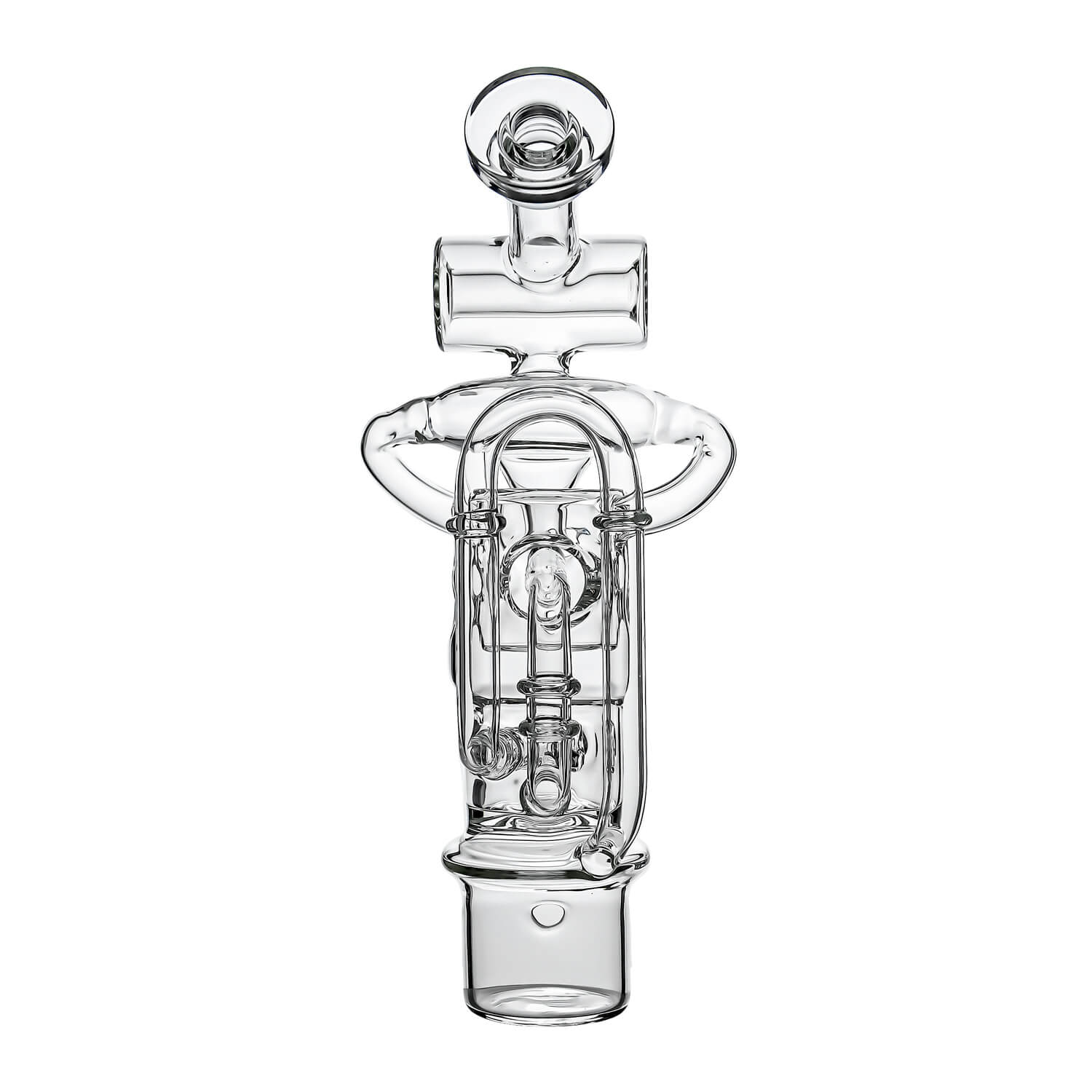Calibear Swiss Straight Fab Recycler Glass Attachment for Dr. Dabber Switch 2 shown mounted on device and standalone — featuring a clear borosilicate dual-chamber body with Swiss-style cage percolator, internal recycler loop pathways, decorative Calibear bear embossment, angled mouthpiece with disc cap, and precision-fit Switch 2 base adapter, displayed against white background.