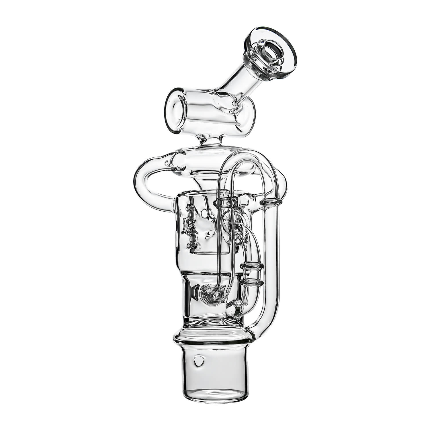 Calibear Swiss Straight Fab Recycler Glass Attachment for Dr. Dabber Switch 2 shown mounted on device and standalone — featuring a clear borosilicate dual-chamber body with Swiss-style cage percolator, internal recycler loop pathways, decorative Calibear bear embossment, angled mouthpiece with disc cap, and precision-fit Switch 2 base adapter, displayed against white background.