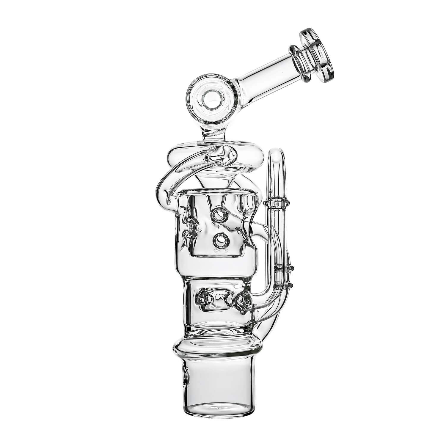 Calibear Swiss Straight Fab Recycler Glass Attachment for Dr. Dabber Switch 2 shown mounted on device and standalone — featuring a clear borosilicate dual-chamber body with Swiss-style cage percolator, internal recycler loop pathways, decorative Calibear bear embossment, angled mouthpiece with disc cap, and precision-fit Switch 2 base adapter, displayed against white background.