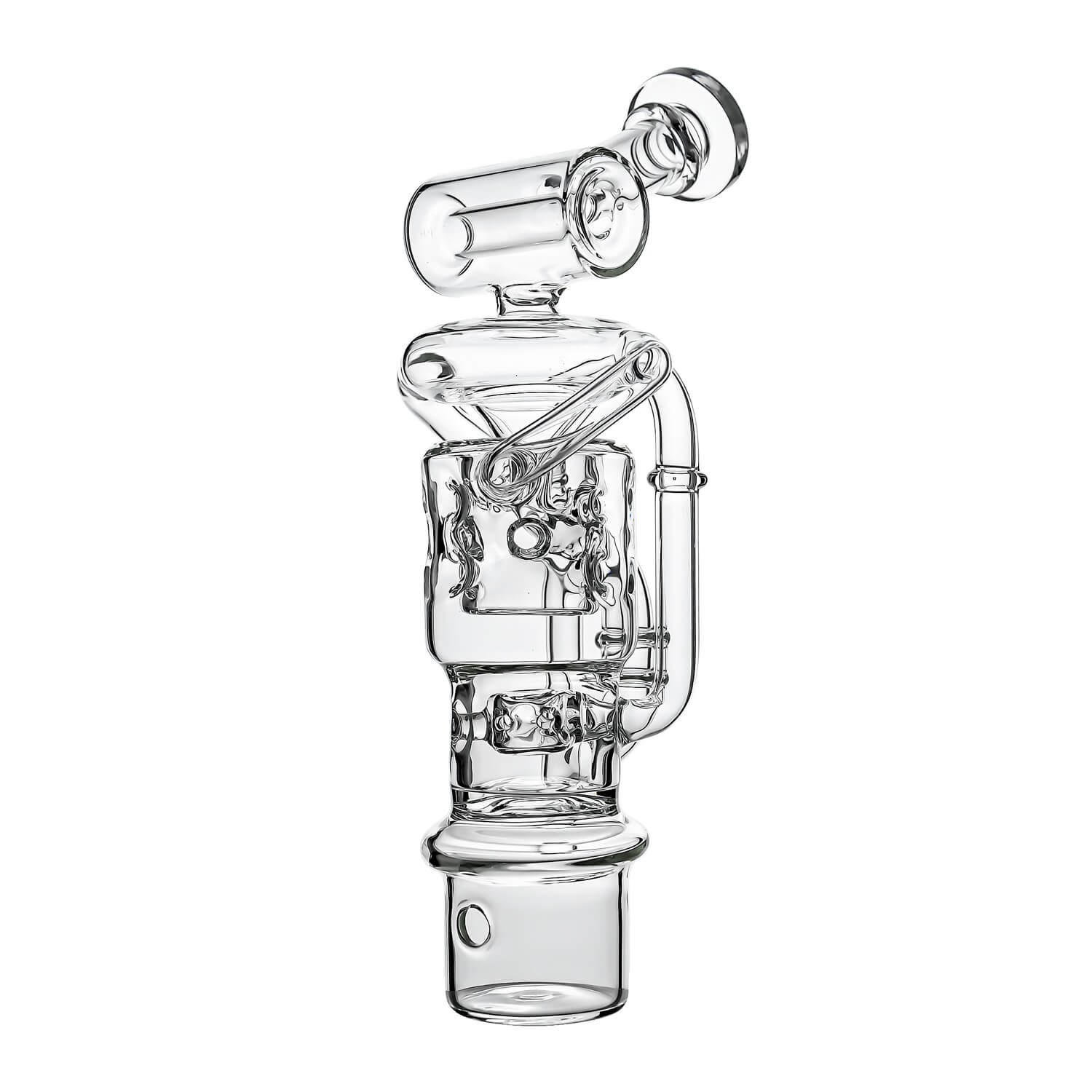 Calibear Swiss Straight Fab Recycler Glass Attachment for Dr. Dabber Switch 2 shown mounted on device and standalone — featuring a clear borosilicate dual-chamber body with Swiss-style cage percolator, internal recycler loop pathways, decorative Calibear bear embossment, angled mouthpiece with disc cap, and precision-fit Switch 2 base adapter, displayed against white background.
