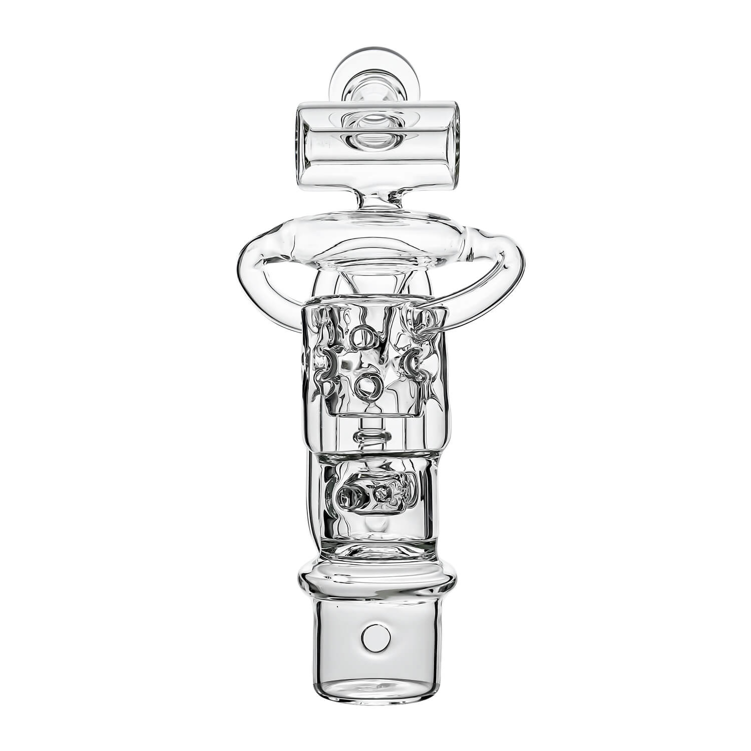 Calibear Swiss Straight Fab Recycler Glass Attachment for Dr. Dabber Switch 2 shown mounted on device and standalone — featuring a clear borosilicate dual-chamber body with Swiss-style cage percolator, internal recycler loop pathways, decorative Calibear bear embossment, angled mouthpiece with disc cap, and precision-fit Switch 2 base adapter, displayed against white background.