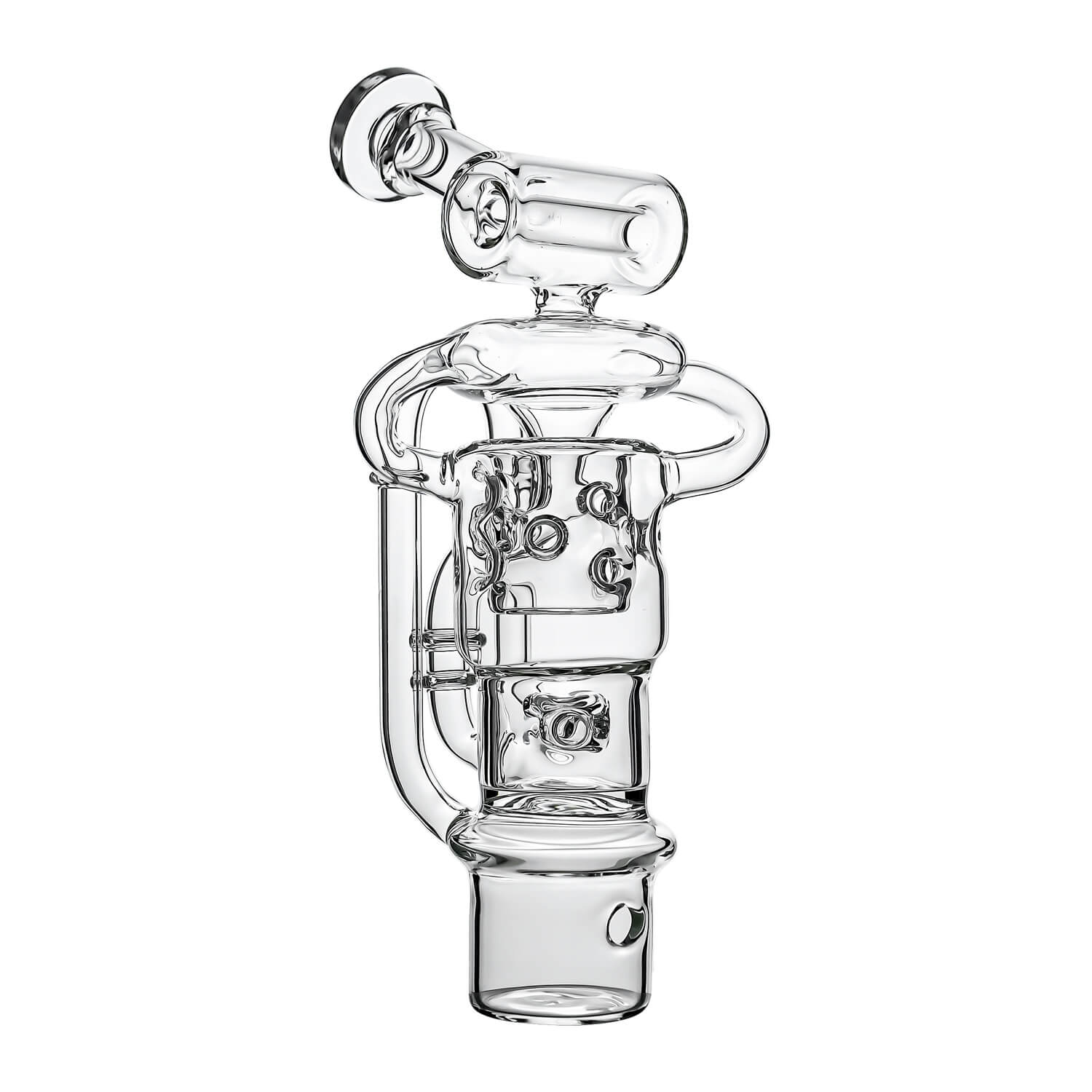 Calibear Swiss Straight Fab Recycler Glass Attachment for Dr. Dabber Switch 2 shown mounted on device and standalone — featuring a clear borosilicate dual-chamber body with Swiss-style cage percolator, internal recycler loop pathways, decorative Calibear bear embossment, angled mouthpiece with disc cap, and precision-fit Switch 2 base adapter, displayed against white background.
