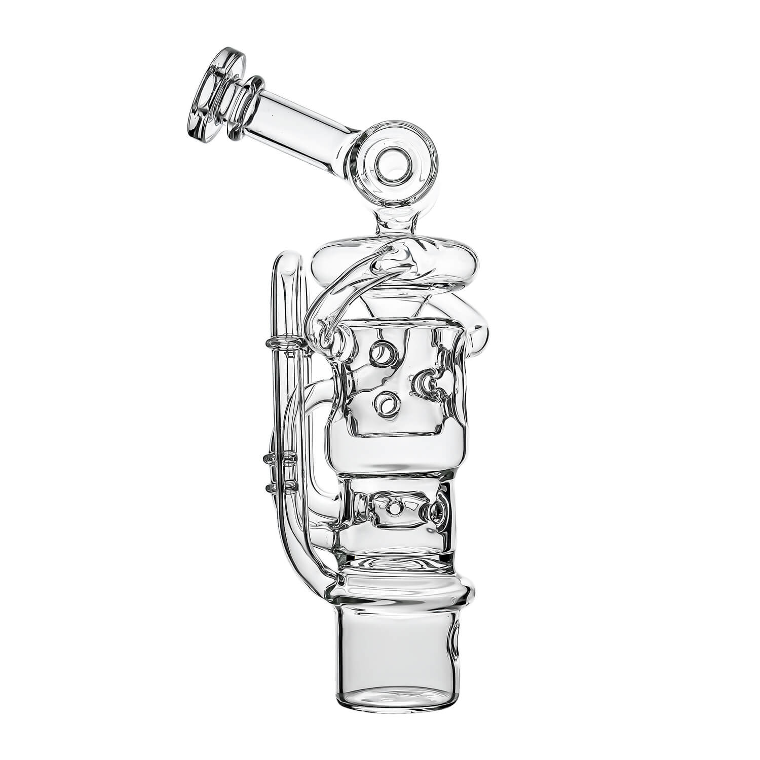Calibear Swiss Straight Fab Recycler Glass Attachment for Dr. Dabber Switch 2 shown mounted on device and standalone — featuring a clear borosilicate dual-chamber body with Swiss-style cage percolator, internal recycler loop pathways, decorative Calibear bear embossment, angled mouthpiece with disc cap, and precision-fit Switch 2 base adapter, displayed against white background.