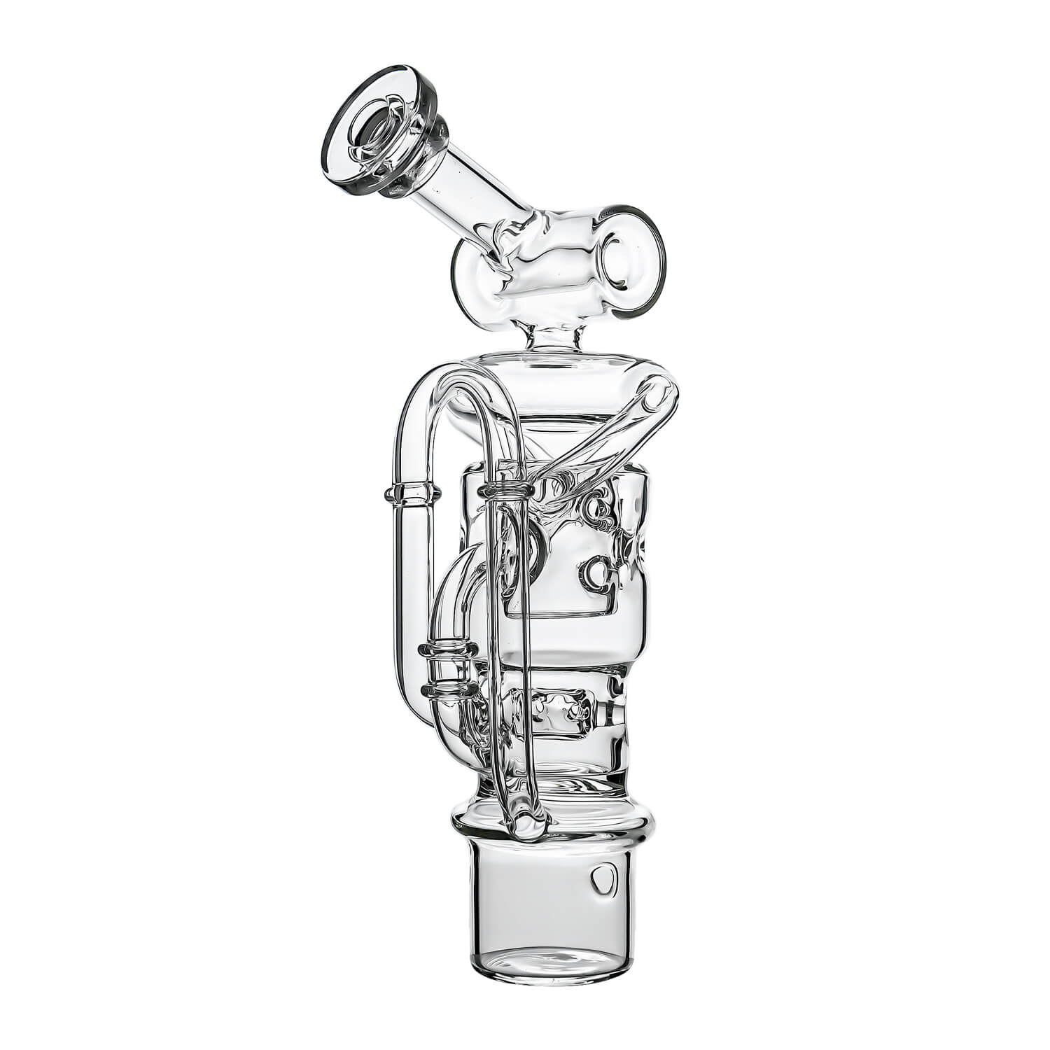 Calibear Swiss Straight Fab Recycler Glass Attachment for Dr. Dabber Switch 2 shown mounted on device and standalone — featuring a clear borosilicate dual-chamber body with Swiss-style cage percolator, internal recycler loop pathways, decorative Calibear bear embossment, angled mouthpiece with disc cap, and precision-fit Switch 2 base adapter, displayed against white background.