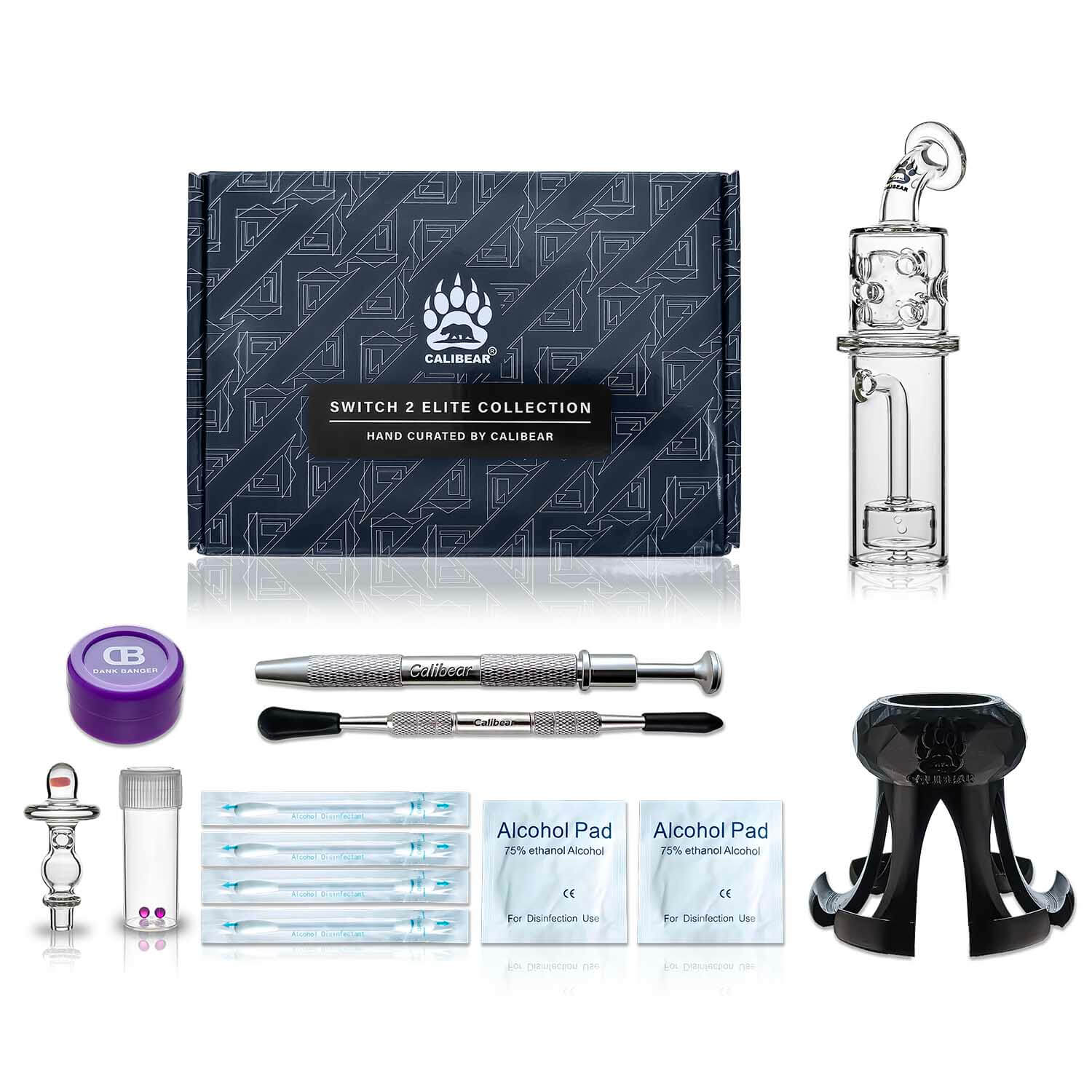 Calibear Switch 2 Glass Upgrade Bundle — open combo box showing Calibear Straight Fab Rig glass attachment, UFO Opal Joystick Carb Cap, 2 Ruby Terp Pearls, Switch 2 Glass Holder, wax container, Pearl Claw, dab tool, and alcohol swabs for Dr. Dabber Switch 2