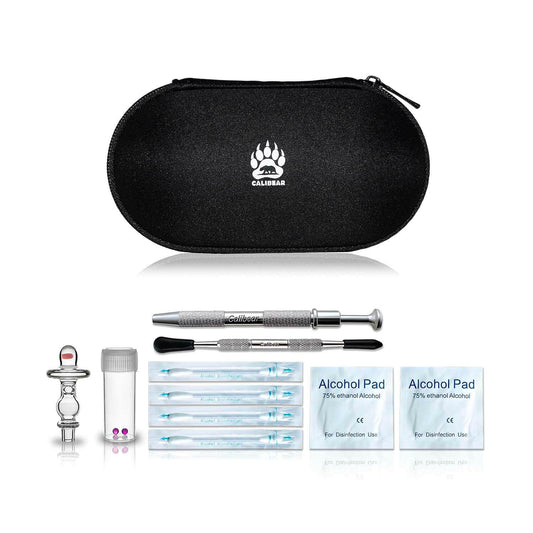 Calibear Switch 2 Performance Essentials Kit — open combo box showing UFO Opal Joystick Carb Cap, 2 Ruby Terp Pearls, dab tool, Pearl Claw, and alcohol swabs for Dr. Dabber Switch 2