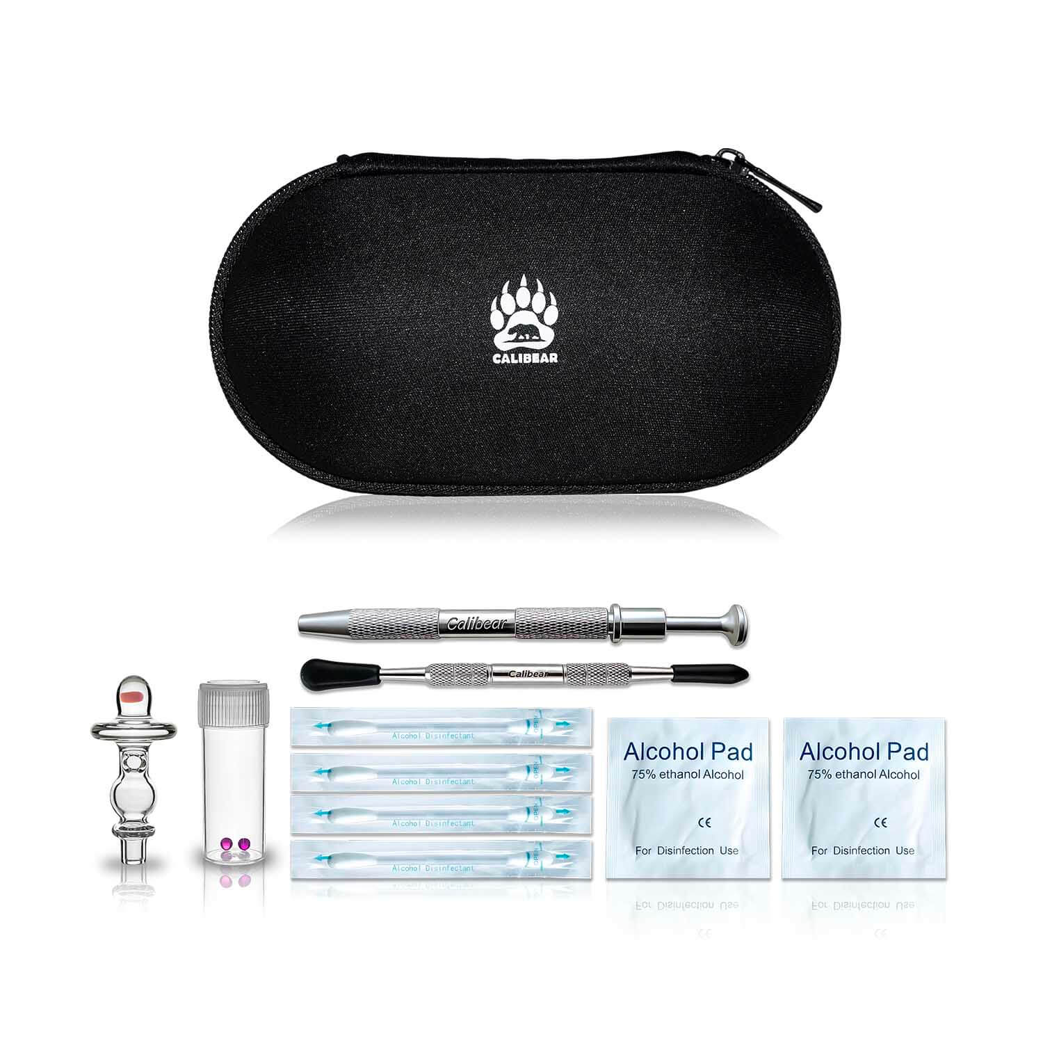 Calibear Switch 2 Performance Essentials Kit — open combo box showing UFO Opal Joystick Carb Cap, 2 Ruby Terp Pearls, dab tool, Pearl Claw, and alcohol swabs for Dr. Dabber Switch 2