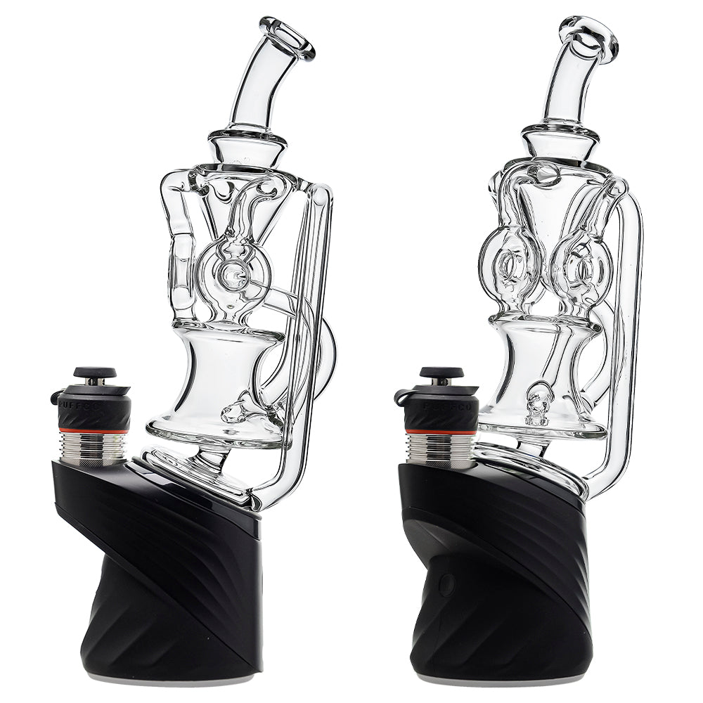 Calibear triple donut recycler glass attachment for Puffco Peak OG and Peak Pro with colored recycler arms and advanced water filtration.
