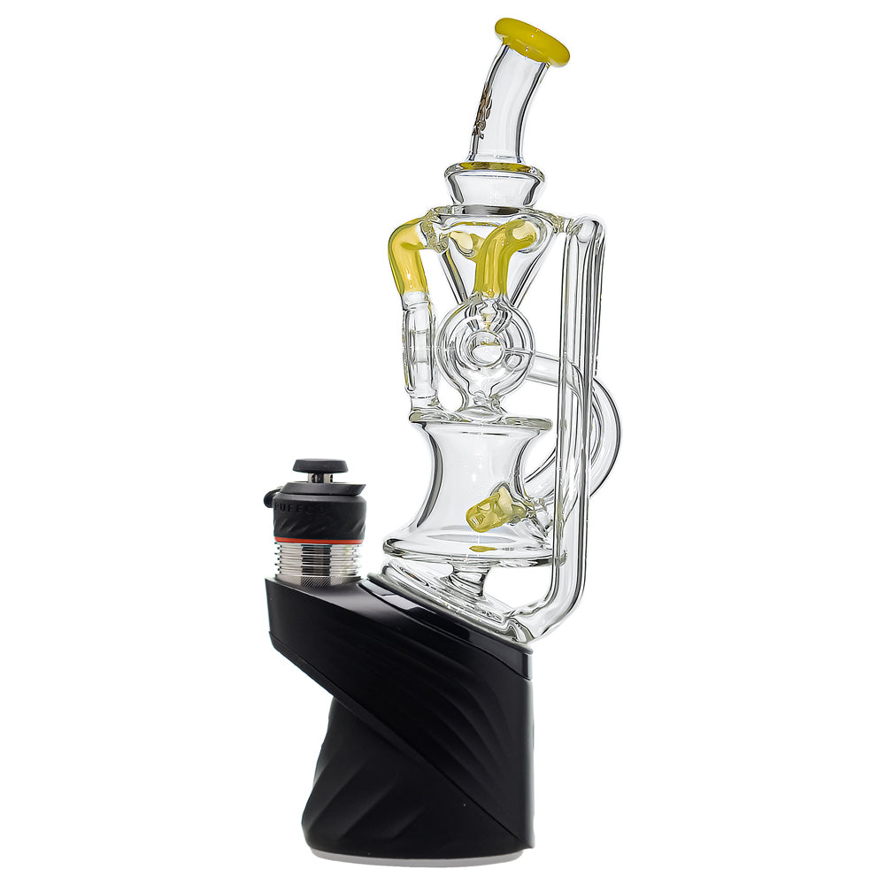 Calibear triple donut recycler glass attachment for Puffco Peak OG and Peak Pro with colored recycler arms and advanced water filtration.