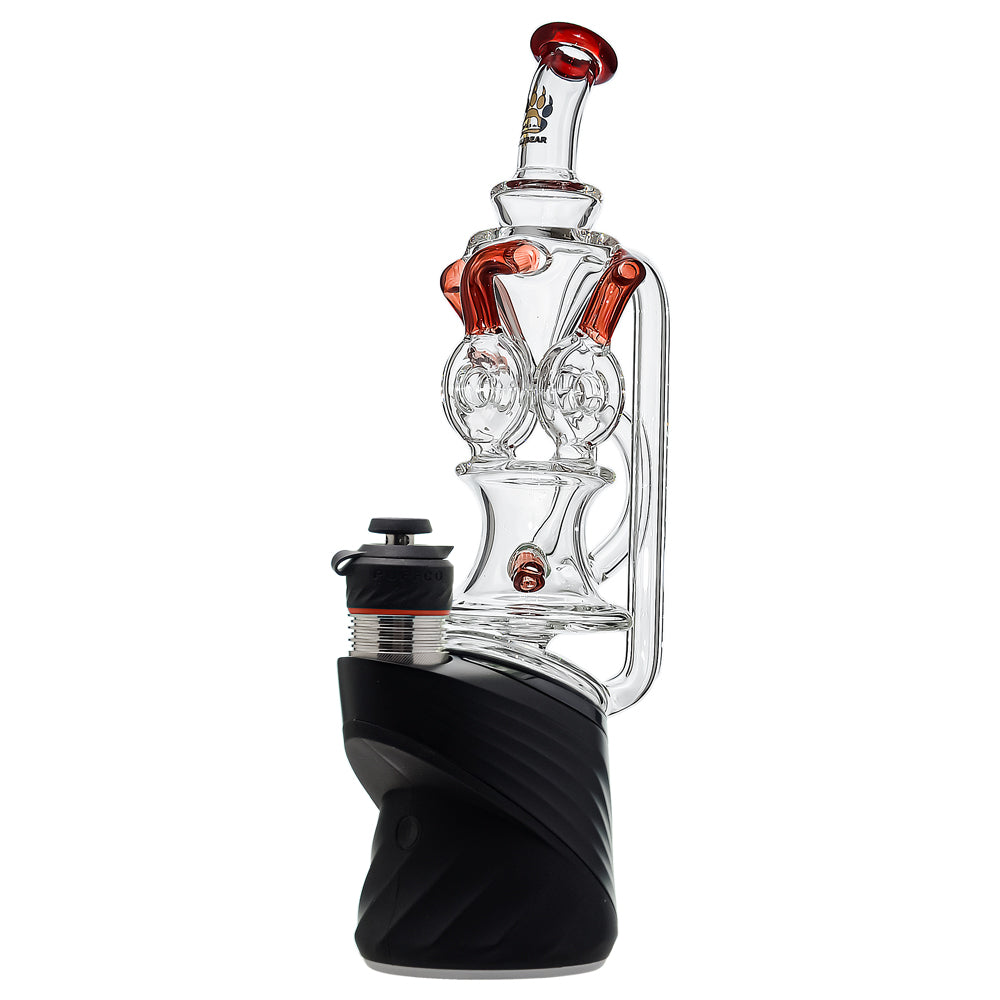 Calibear triple donut recycler glass attachment for Puffco Peak OG and Peak Pro with colored recycler arms and advanced water filtration.