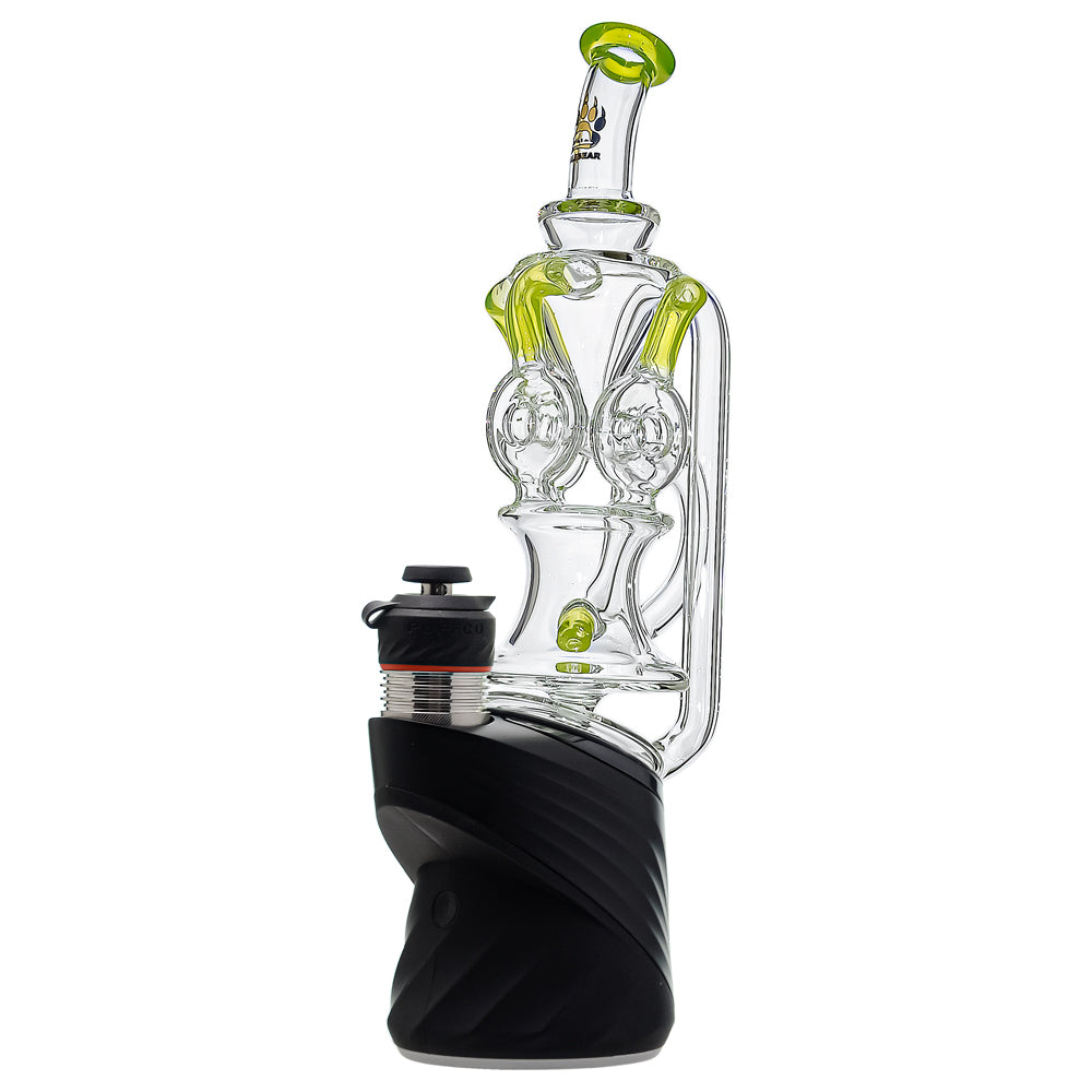 Calibear triple donut recycler glass attachment for Puffco Peak OG and Peak Pro with colored recycler arms and advanced water filtration.