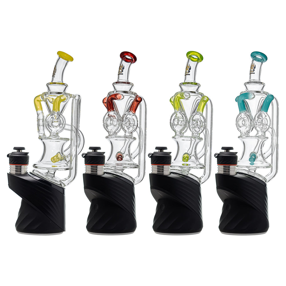 Calibear triple donut recycler glass attachment for Puffco Peak OG and Peak Pro with colored recycler arms and advanced water filtration.