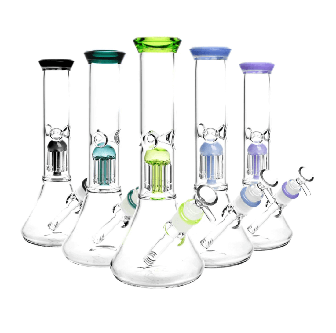 Calibear Tall Chamber Glass Beaker Water Pipe with integrated showerhead percolator and wide stable base.