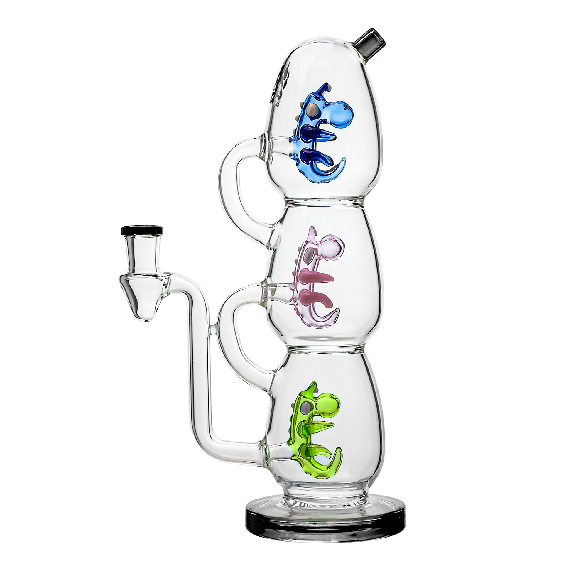 Calibear Triple Yoshi Egg recycler dab rig showcasing four stacked glass water pipe color options in purple, green, blue, and black accents with blue, pink, and green internal egg percolators.