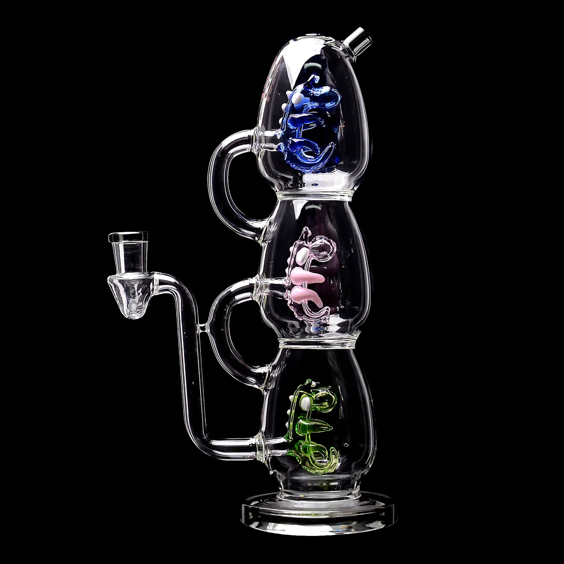 Calibear Triple Yoshi Egg recycler dab rig showcasing four stacked glass water pipe color options in purple, green, blue, and black accents with blue, pink, and green internal egg percolators.