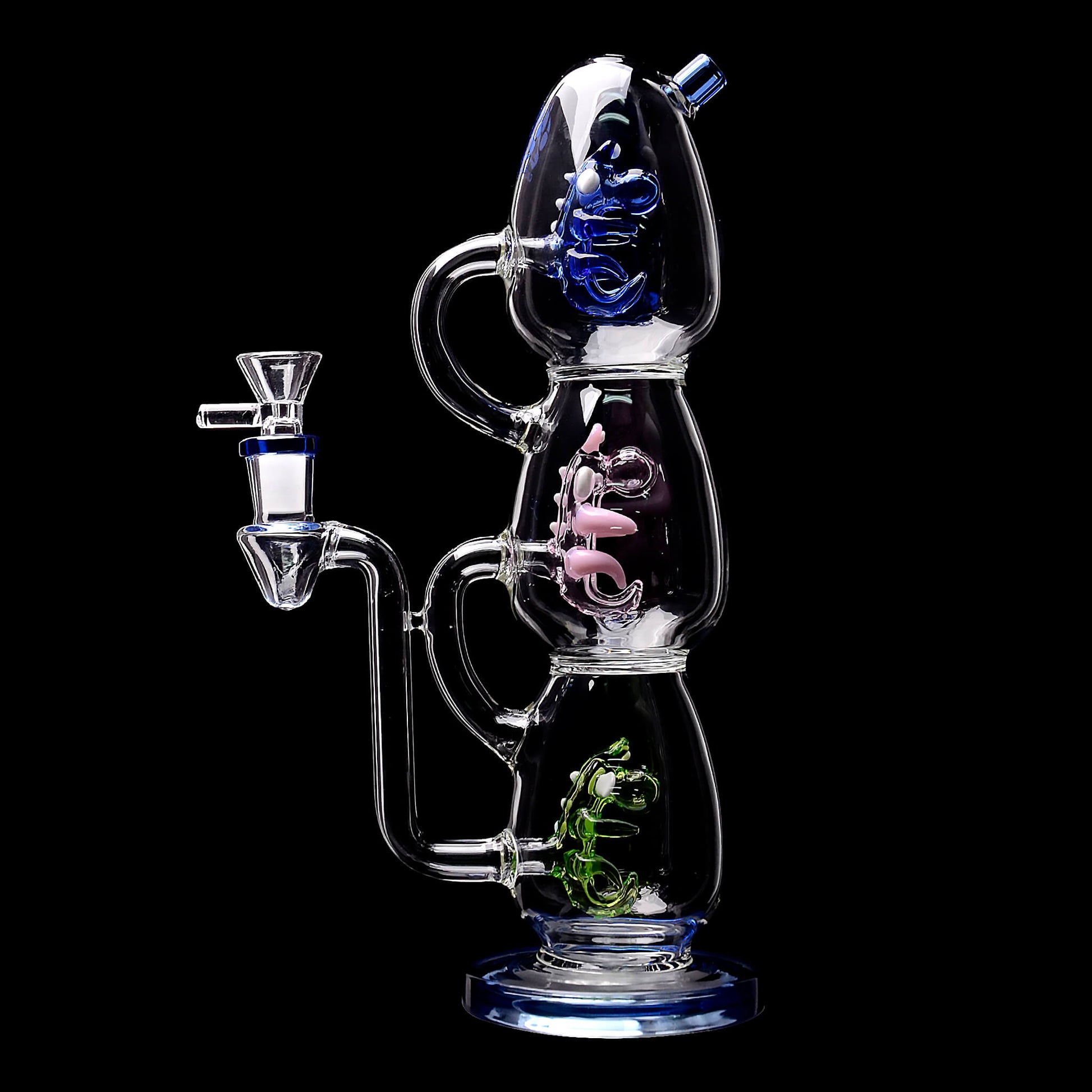 Calibear Triple Yoshi Egg recycler dab rig showcasing four stacked glass water pipe color options in purple, green, blue, and black accents with blue, pink, and green internal egg percolators.