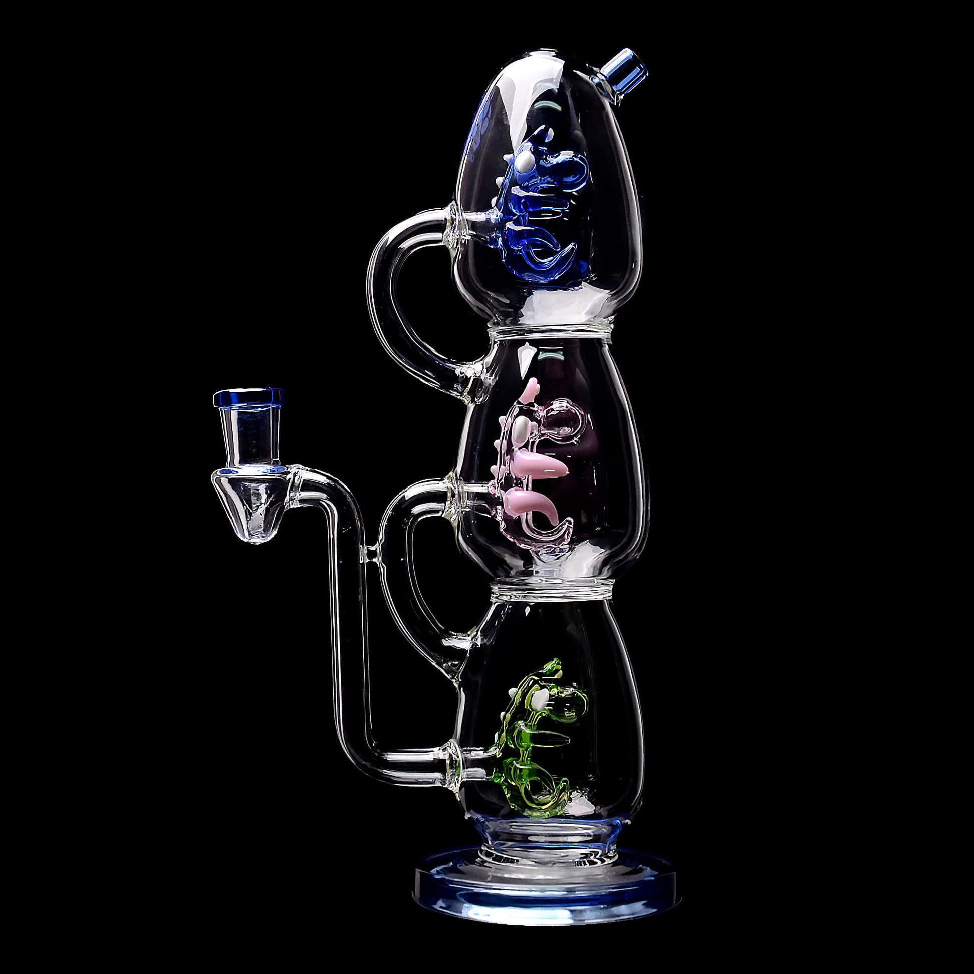 Calibear Triple Yoshi Egg recycler dab rig showcasing four stacked glass water pipe color options in purple, green, blue, and black accents with blue, pink, and green internal egg percolators.