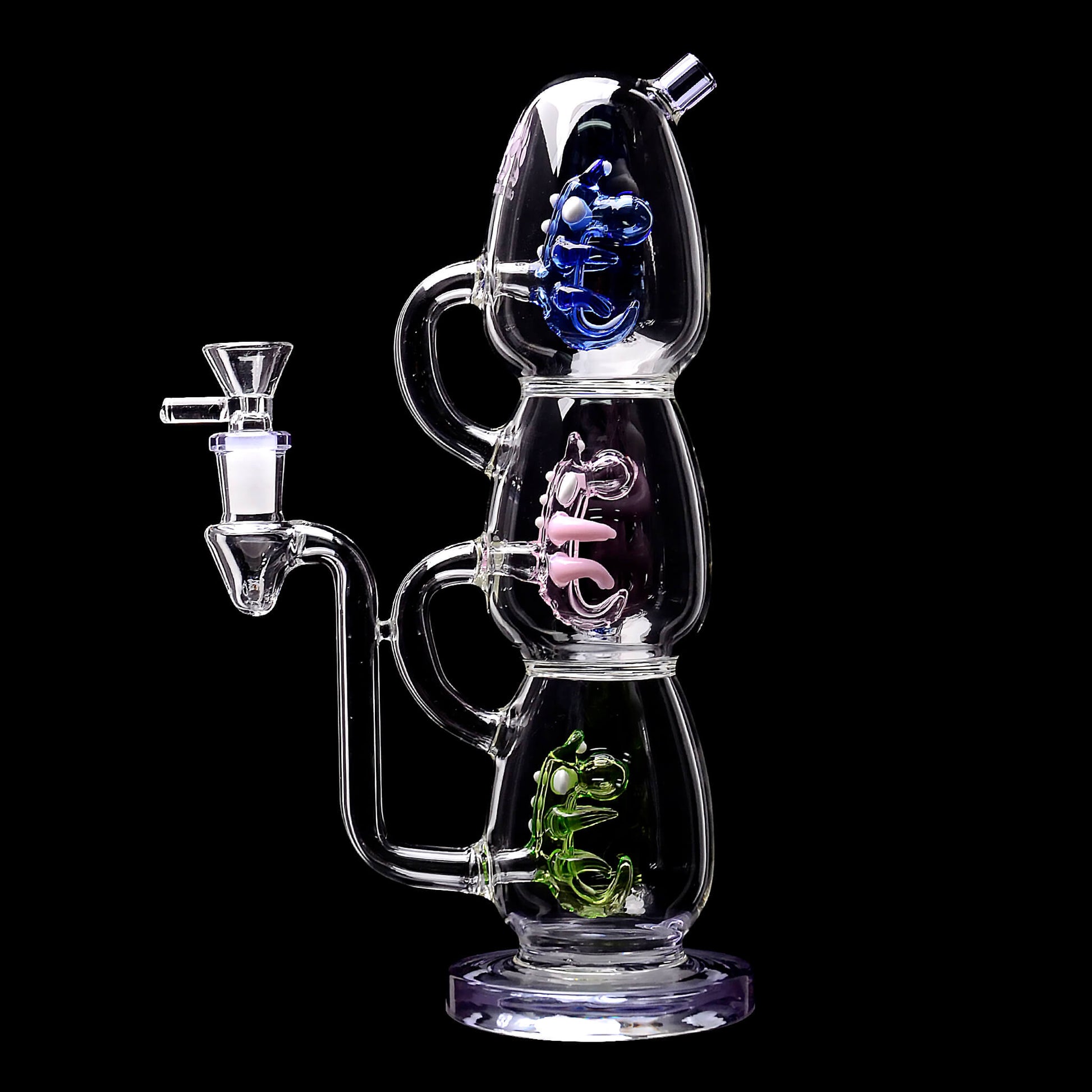 Calibear Triple Yoshi Egg recycler dab rig showcasing four stacked glass water pipe color options in purple, green, blue, and black accents with blue, pink, and green internal egg percolators.