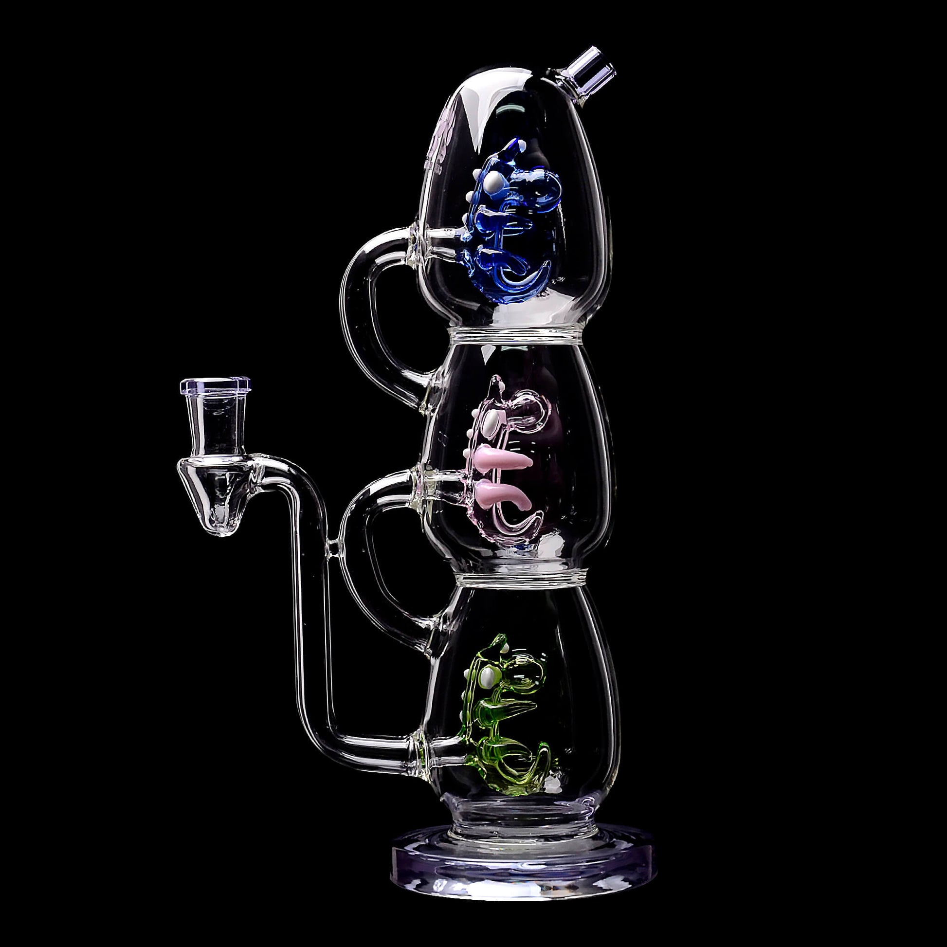 Calibear Triple Yoshi Egg recycler dab rig showcasing four stacked glass water pipe color options in purple, green, blue, and black accents with blue, pink, and green internal egg percolators.