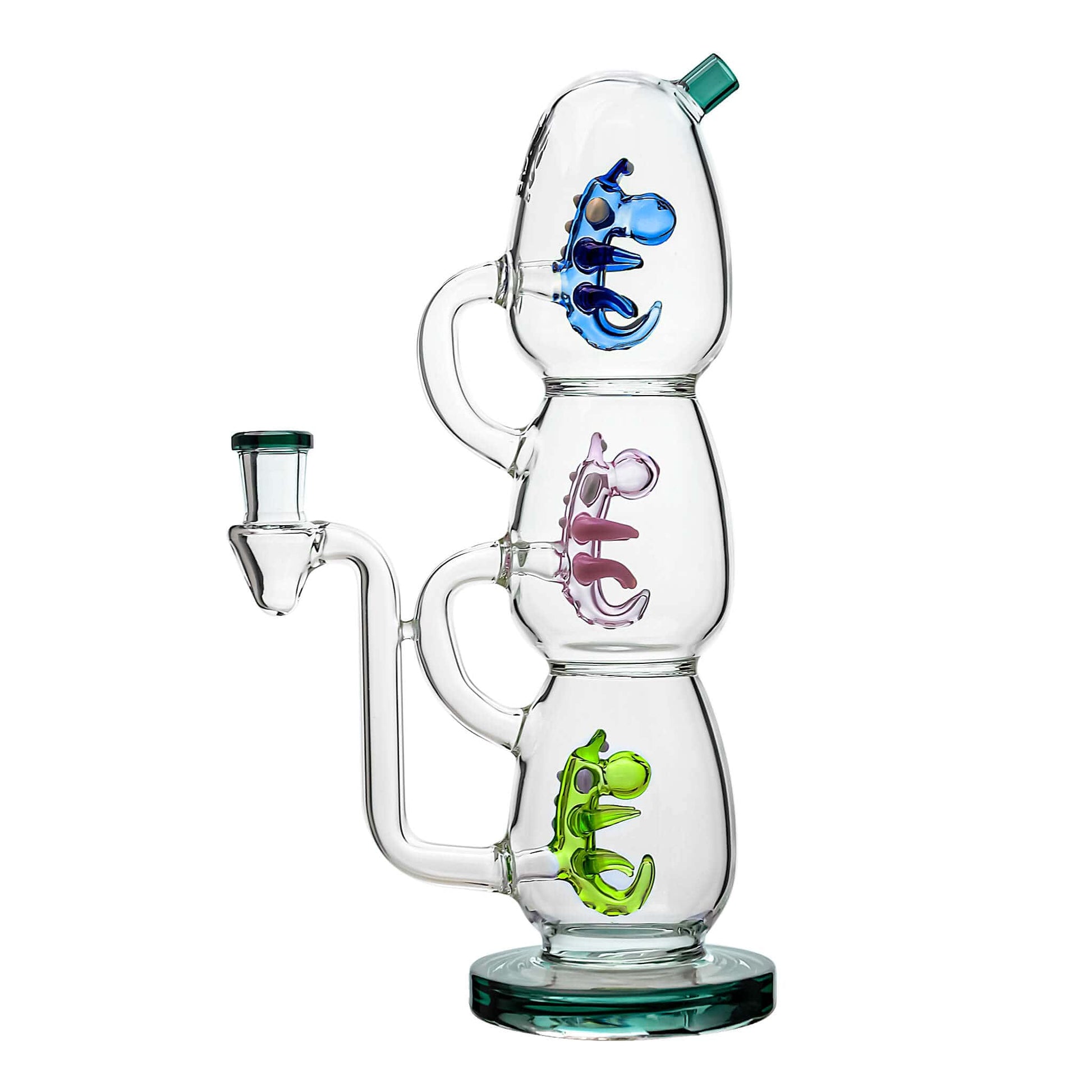Calibear Triple Yoshi Egg recycler dab rig showcasing four stacked glass water pipe color options in purple, green, blue, and black accents with blue, pink, and green internal egg percolators.