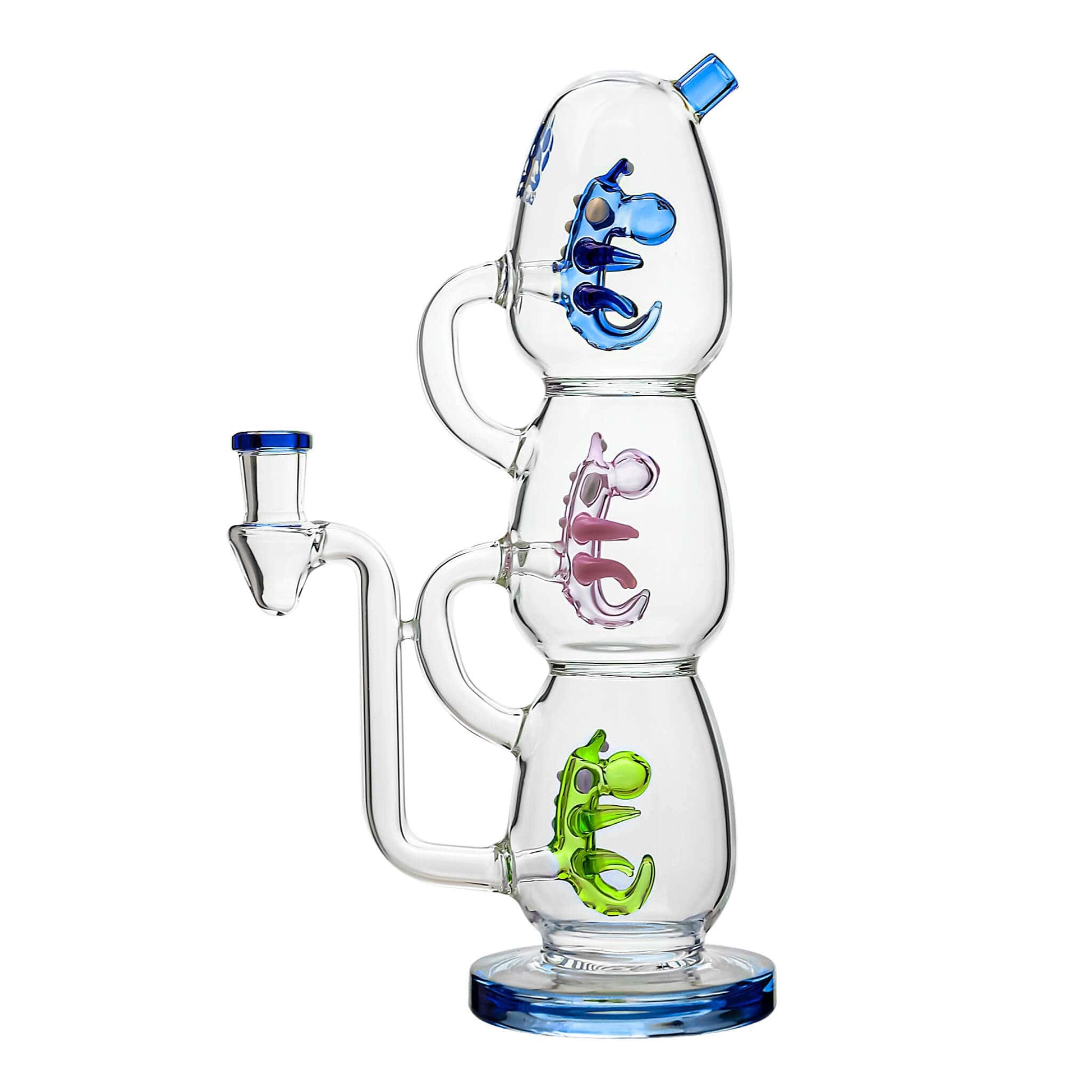 Calibear Triple Yoshi Egg recycler dab rig showcasing four stacked glass water pipe color options in purple, green, blue, and black accents with blue, pink, and green internal egg percolators.