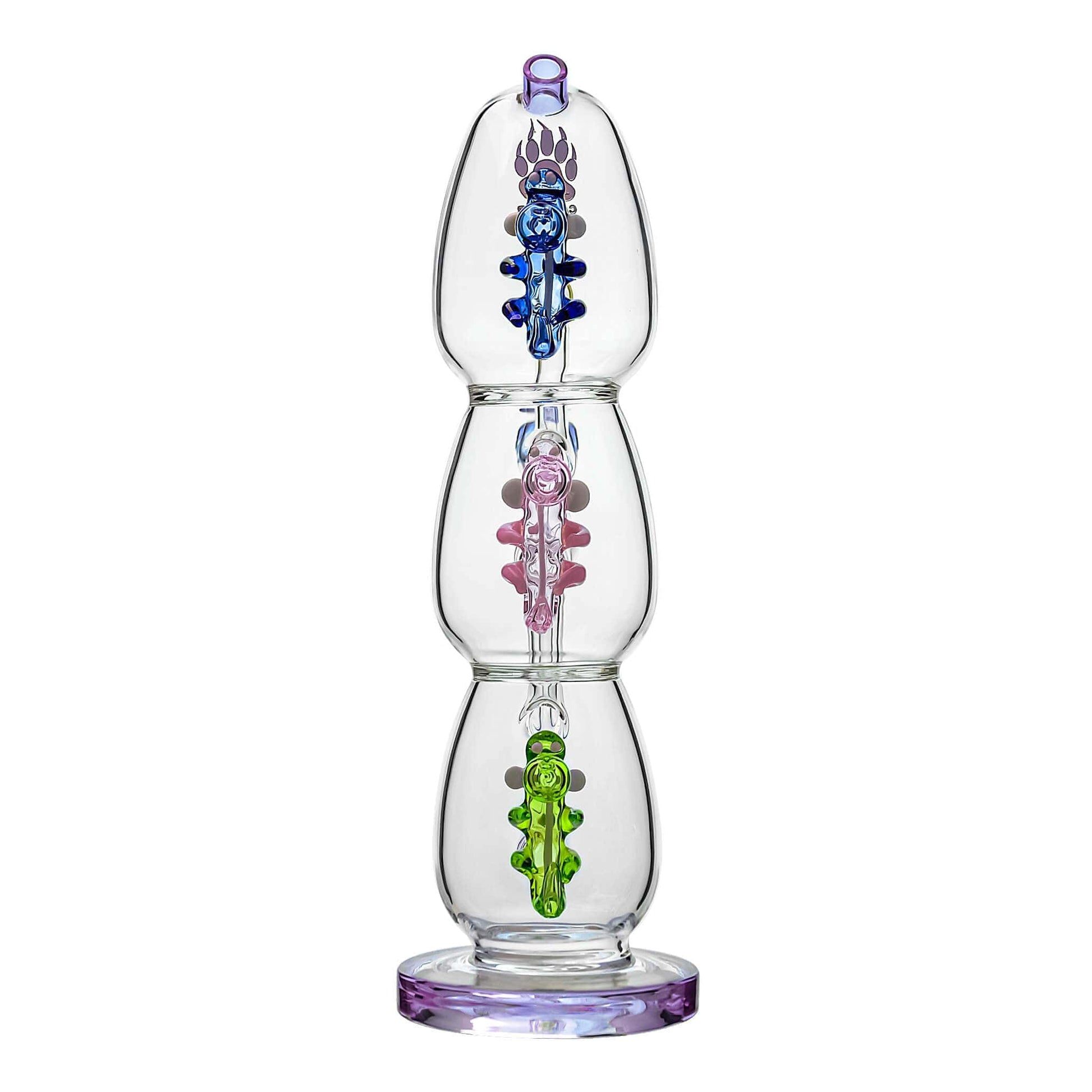 Calibear Triple Yoshi Egg recycler dab rig showcasing four stacked glass water pipe color options in purple, green, blue, and black accents with blue, pink, and green internal egg percolators.