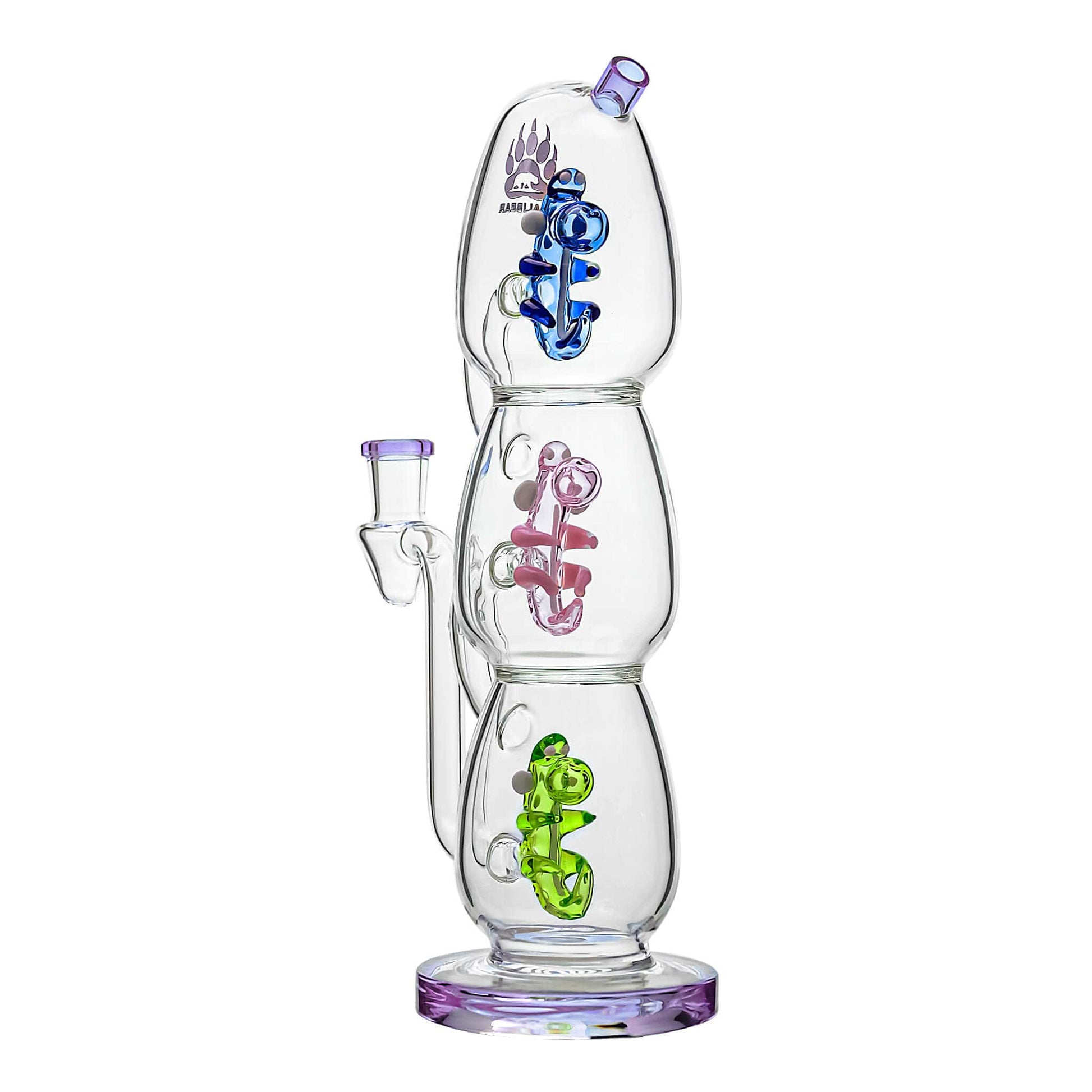 Calibear Triple Yoshi Egg recycler dab rig showcasing four stacked glass water pipe color options in purple, green, blue, and black accents with blue, pink, and green internal egg percolators.