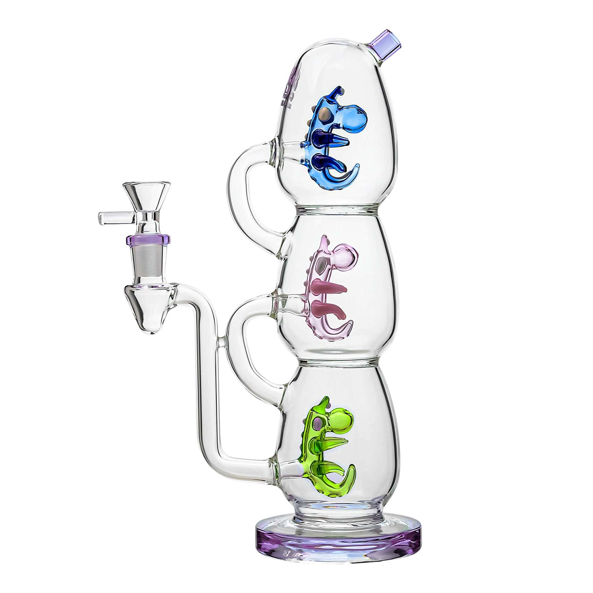 Calibear Triple Yoshi Egg recycler dab rig showcasing four stacked glass water pipe color options in purple, green, blue, and black accents with blue, pink, and green internal egg percolators.