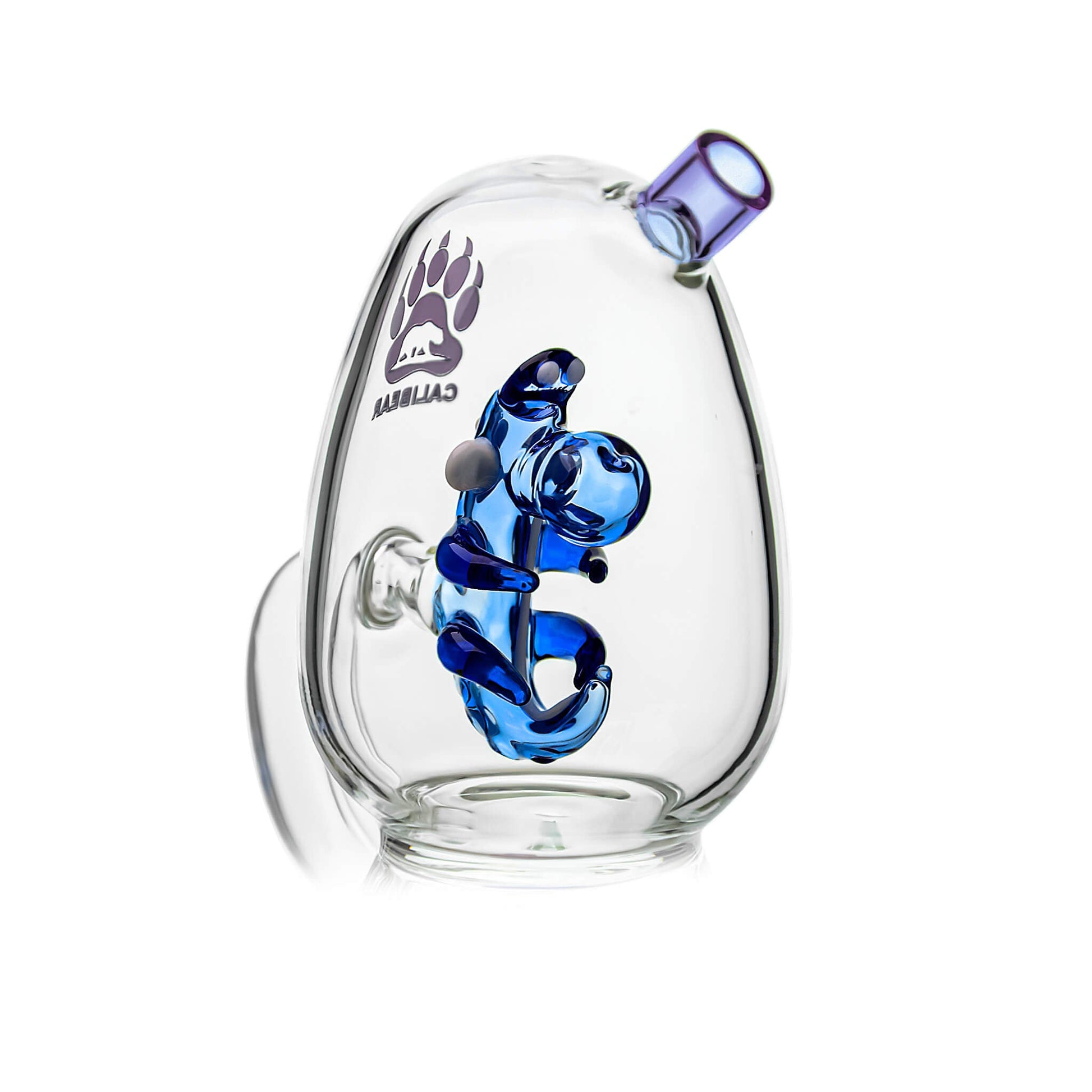 Calibear Triple Yoshi Egg recycler dab rig showcasing four stacked glass water pipe color options in purple, green, blue, and black accents with blue, pink, and green internal egg percolators.