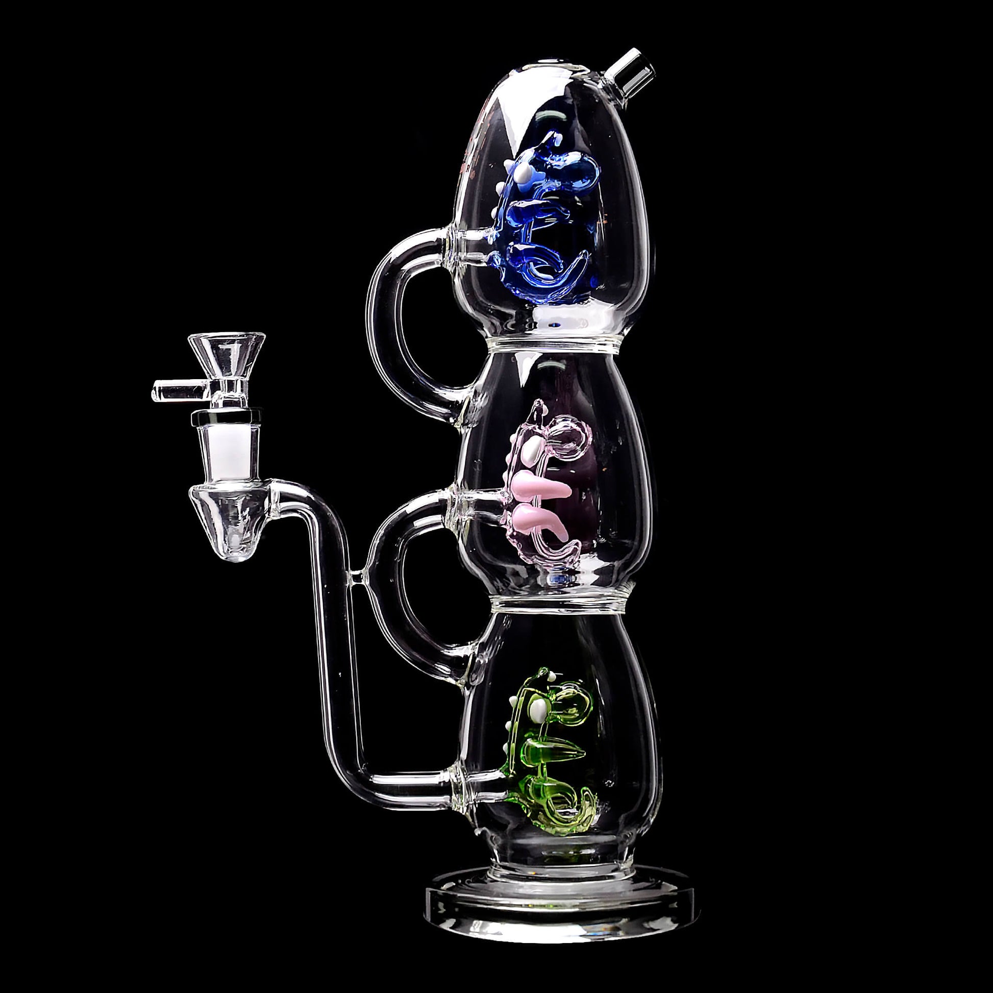 Calibear Triple Yoshi Egg recycler dab rig showcasing four stacked glass water pipe color options in purple, green, blue, and black accents with blue, pink, and green internal egg percolators.