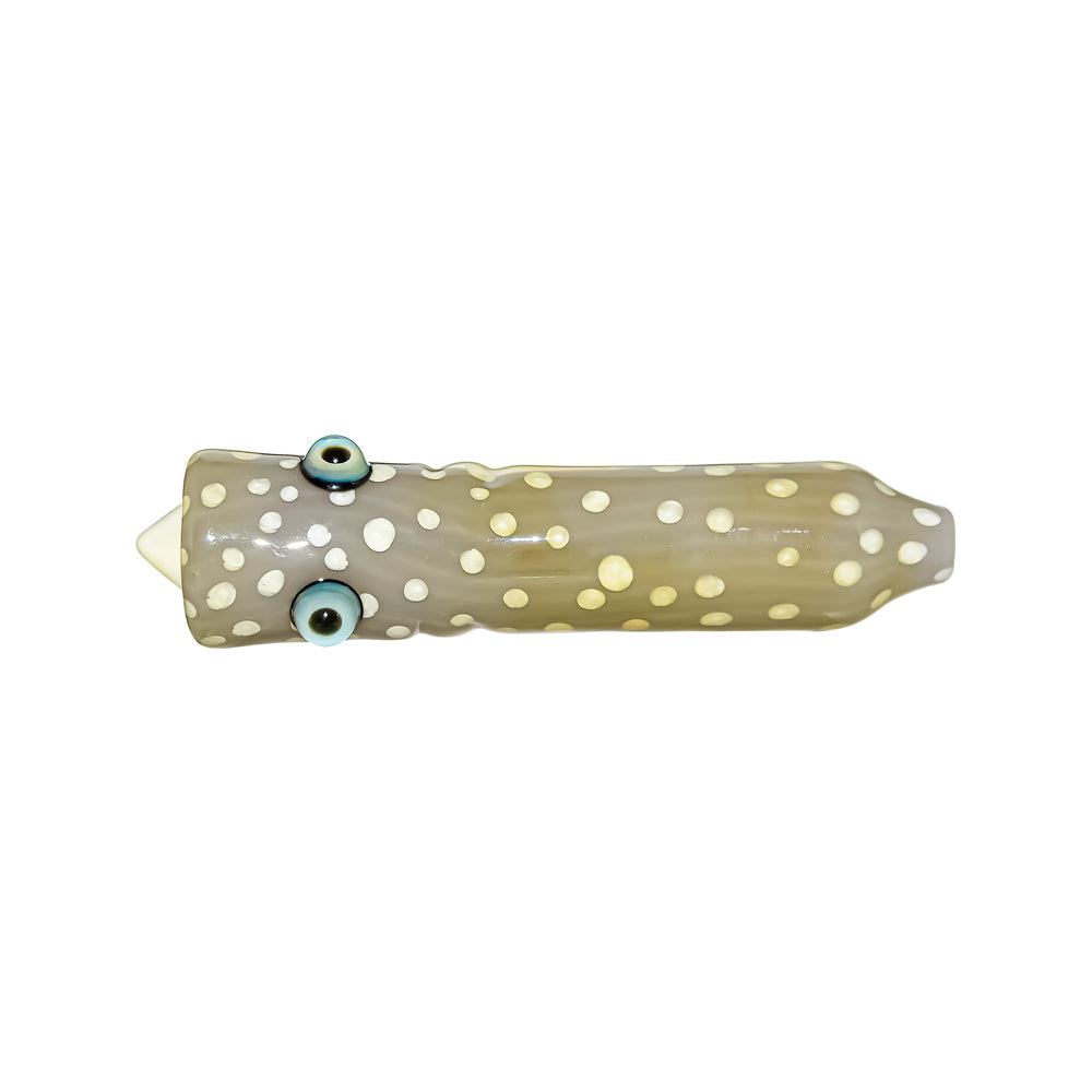 Calibear Trout Camo Chillum glass pipe with fish-eye details and yellow-green trout pattern on white background.