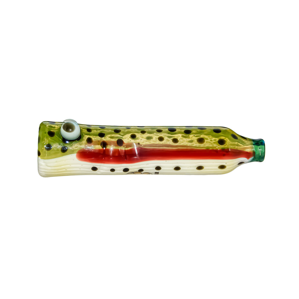 Calibear Trout Camo Chillum glass pipe with fish-eye details and yellow-green trout pattern on white background.
