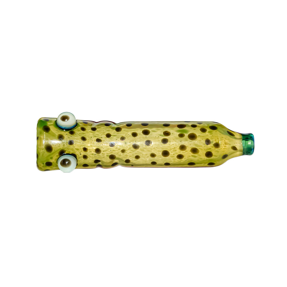 Calibear Trout Camo Chillum glass pipe with fish-eye details and yellow-green trout pattern on white background.