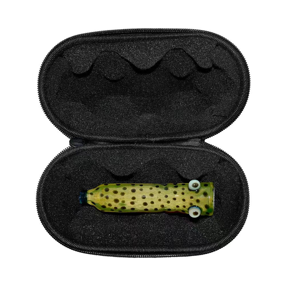 Calibear Trout Camo Chillum glass pipe with fish-eye details and yellow-green trout pattern on white background.
