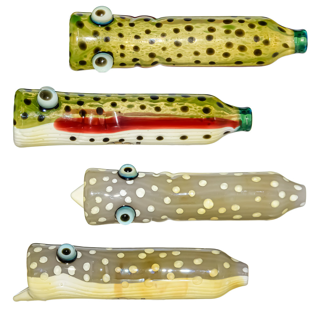 Calibear Trout Camo Chillum glass pipe with fish-eye details and yellow-green trout pattern on white background.