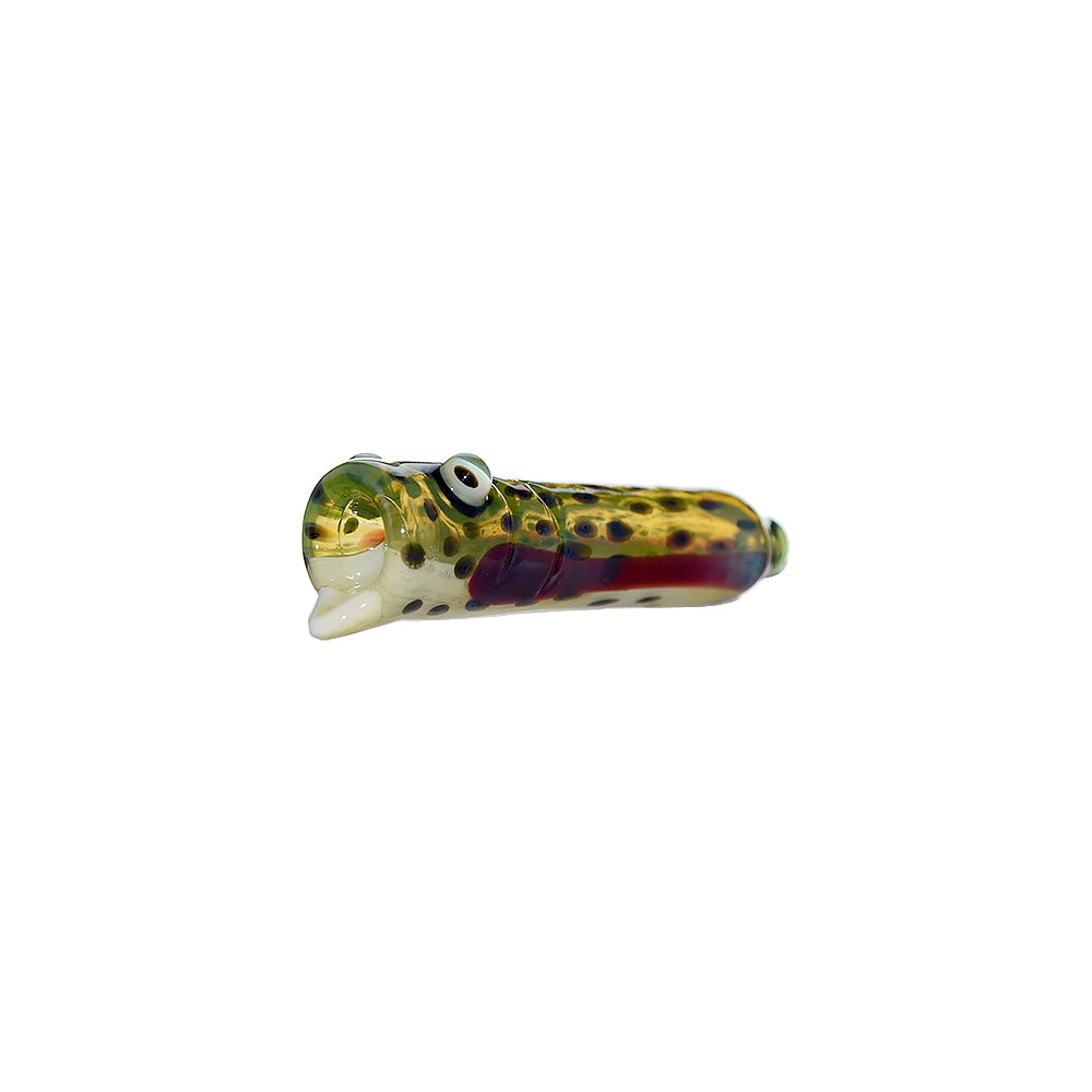 Calibear Trout Camo Chillum glass pipe with fish-eye details and yellow-green trout pattern on white background.